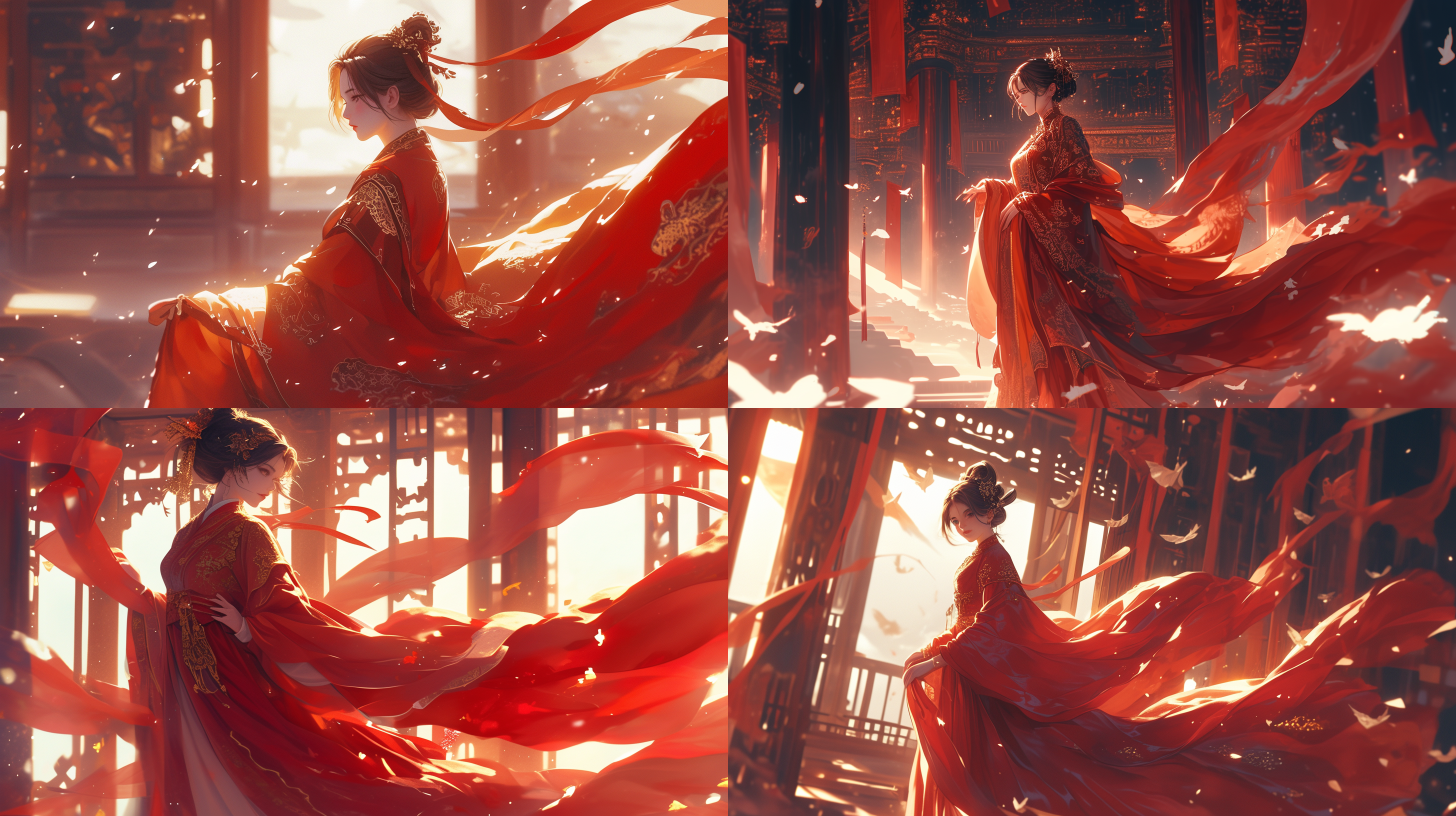 汉服侠女，身着华丽的红色汉服，站在古风建筑前，优雅地展示她的风姿。光线柔和，突出她的面容，背景有古朴的纹饰。红色的汉服与古风建筑形成鲜明的对比，呈现出一种高贵、神秘的氛围。古风，红色，汉服，侠女，华丽，纹饰，高贵，神秘。