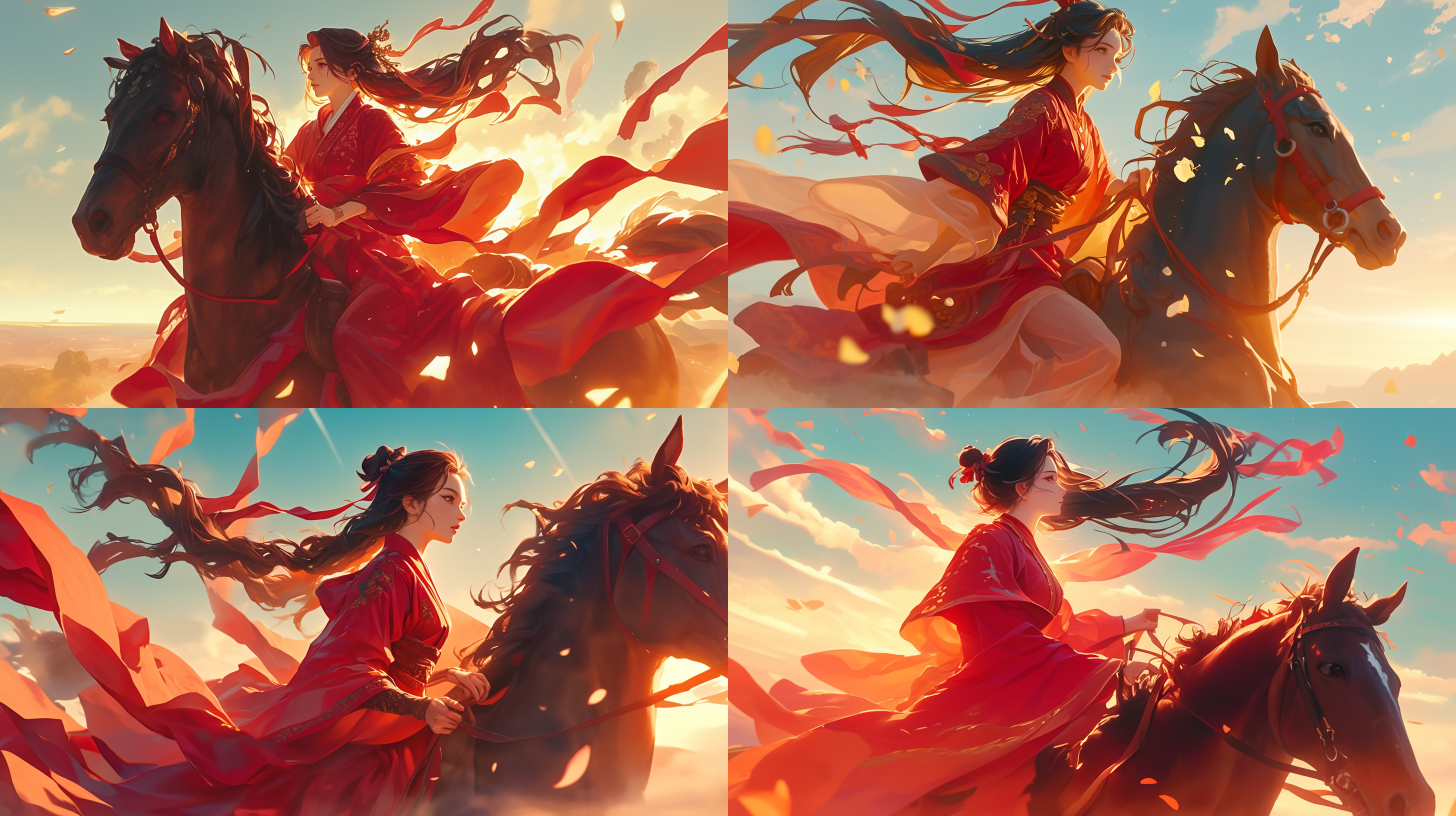 红色汉服侠女，沙漠中，风中飘舞的长发，坐在一匹骏马上。优雅的姿态，镜头聚焦在侠女的面容上，阳光透过骏马身后的尘土，照耀着红色汉服的细节。明亮的色调，广角镜头，柔和的侧光，展现出侠女的自信与勇敢。