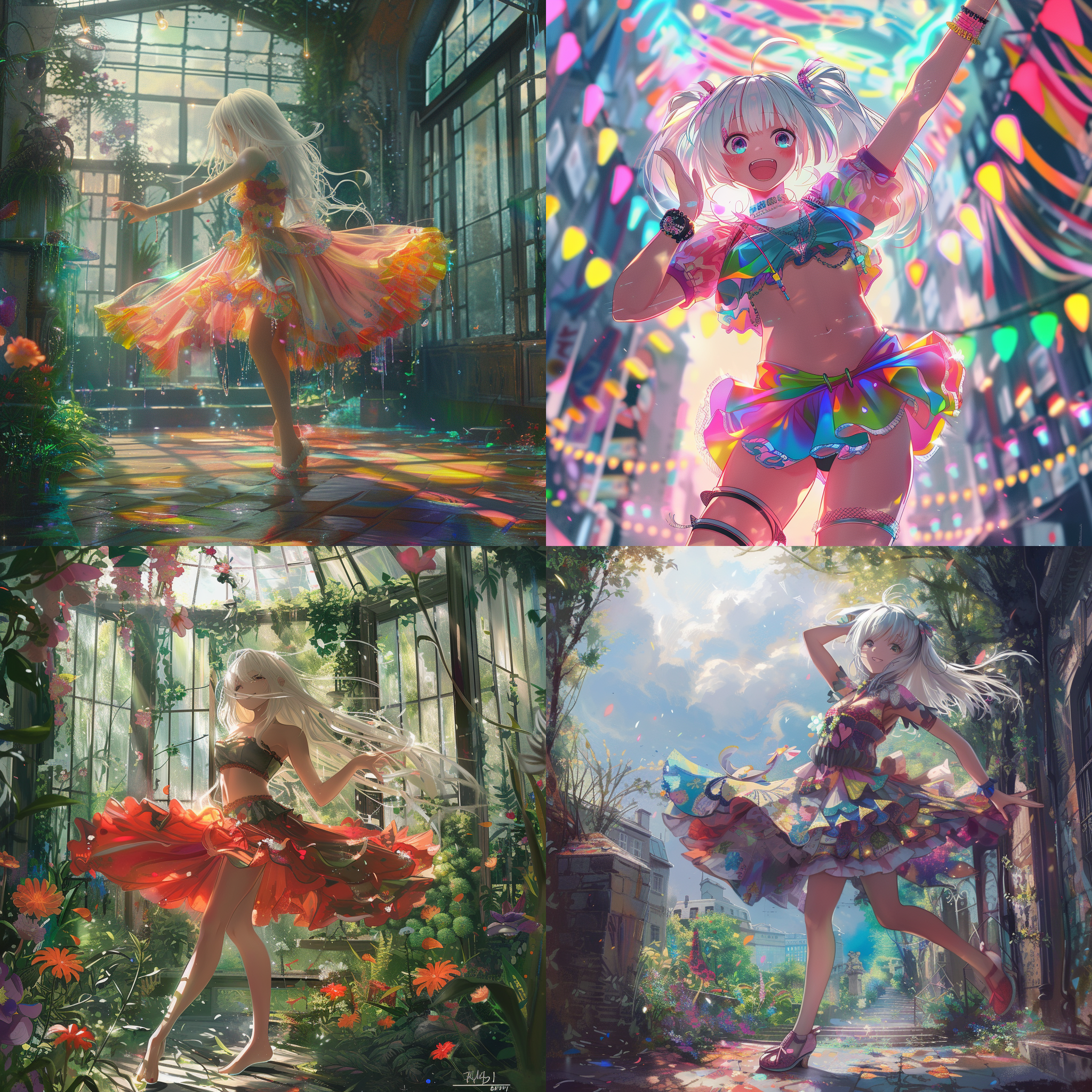 prompt. 动漫朋克风，多彩糖果色彩，8k画质，花园内裙翩舞，抖落晨曦灯光下，白发转身惊讶，眼泪三千里偶然相遇。