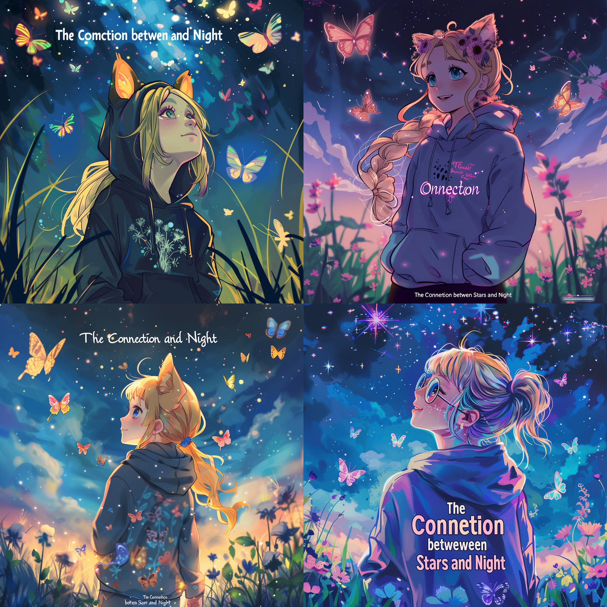 prompt. 猫少女仰望璀璨星空，草地上蝴蝶飞舞，金发女孩穿连帽衫微笑，朋克风格，彩色数字渲染，原画风格，中间花体字‘星与夜的连接’，莱卡镜头，超清晰设计，可爱外表，糖果色调。