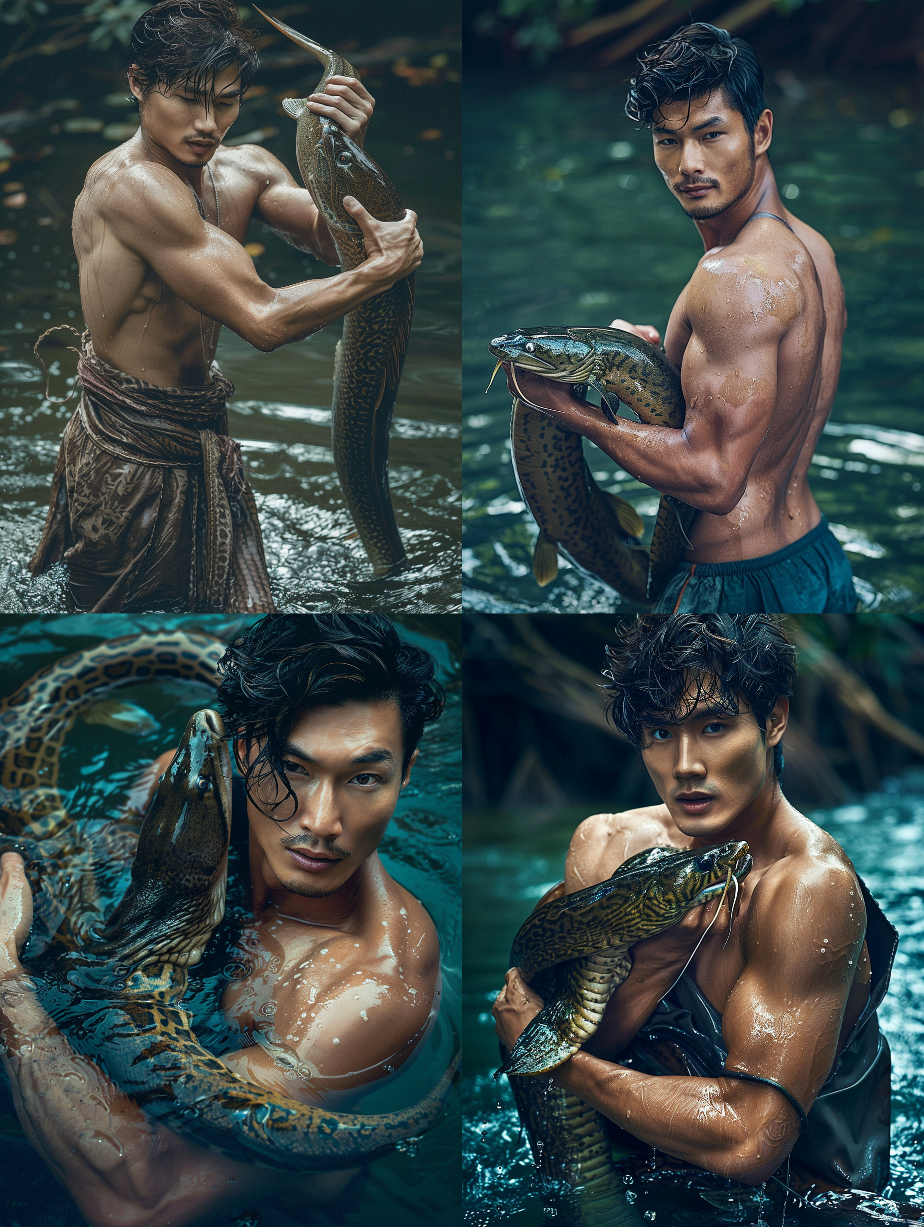 英俊的亚洲男人抱着巨型的鳗鱼，敞开衣裳，潮湿的头发，肌肉，在水面上，丰富的细节，超现实主义，逼真的摄影风格，