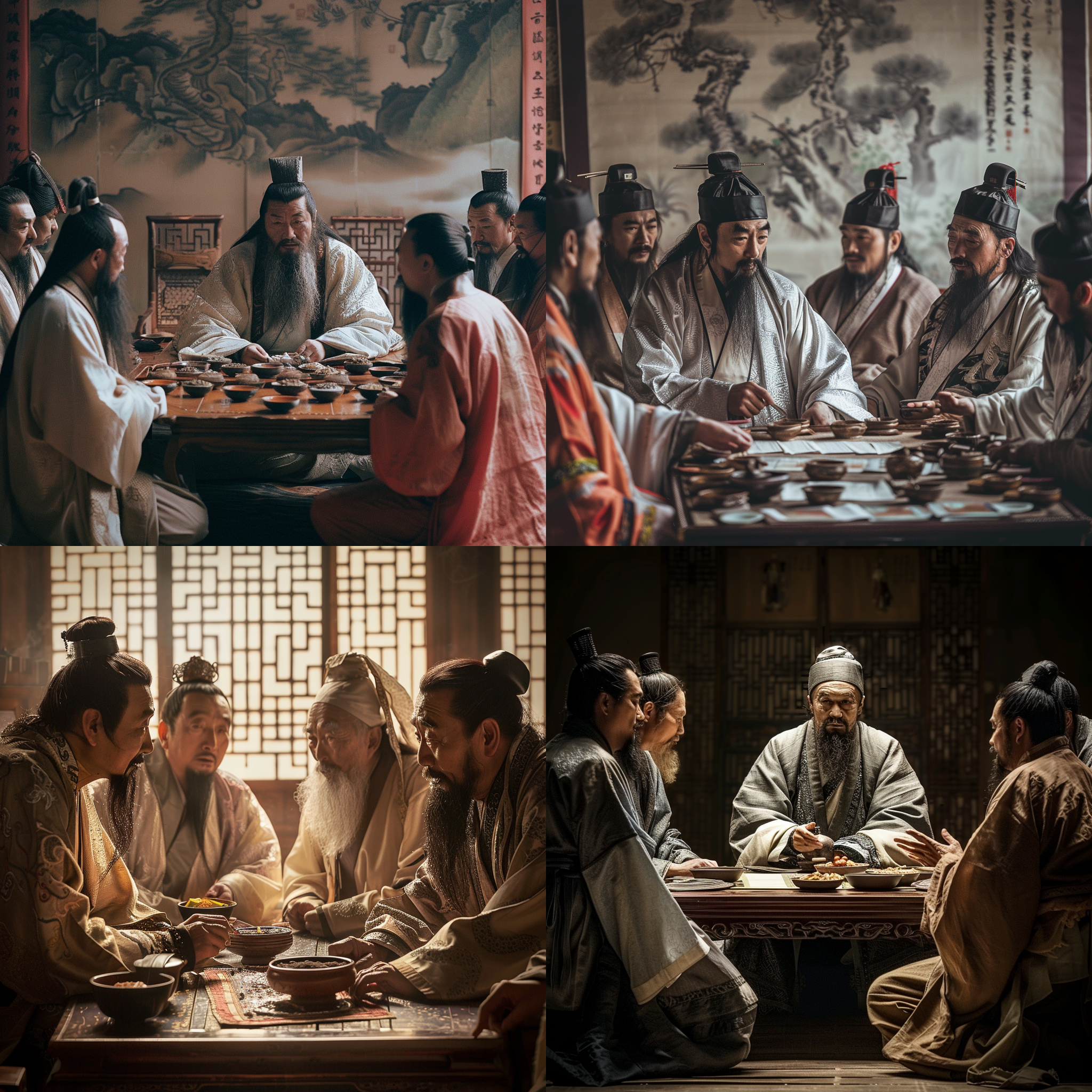 孔子与弟子讨论，围坐方桌，古代服饰，专注表情，古风画面，古典色调，中焦镜头，自然光，静态，智慧，尊重。