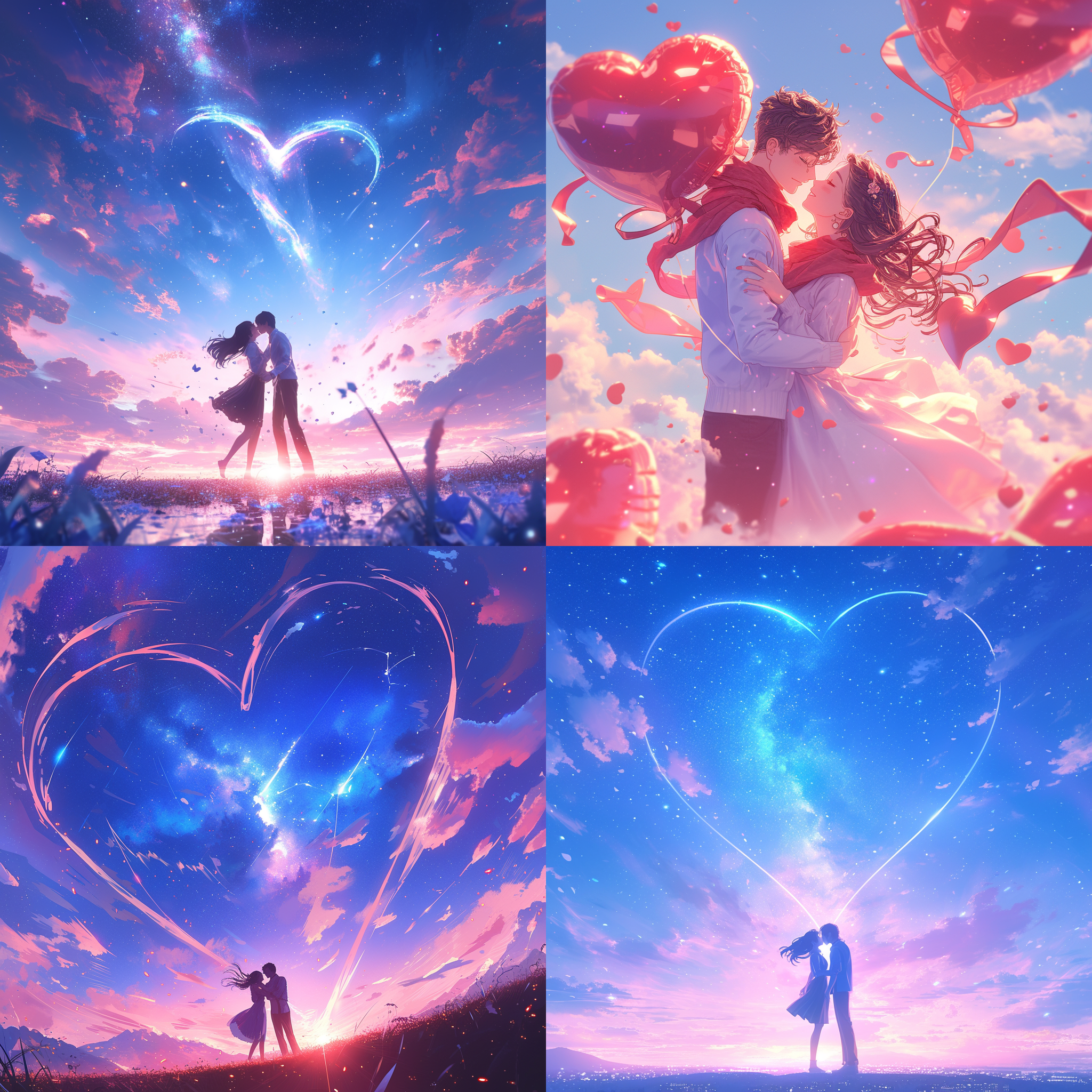 prompt. 浪漫情人节海报，love520，梦幻桃心，俊男靓女，手牵手，拥抱，亲吻，梦幻星河背景，梦幻引擎，数字渲染，3d，c4d，二次元风格，超清晰外观设计，8k，莱卡镜头，视频拍摄，电影镜头。