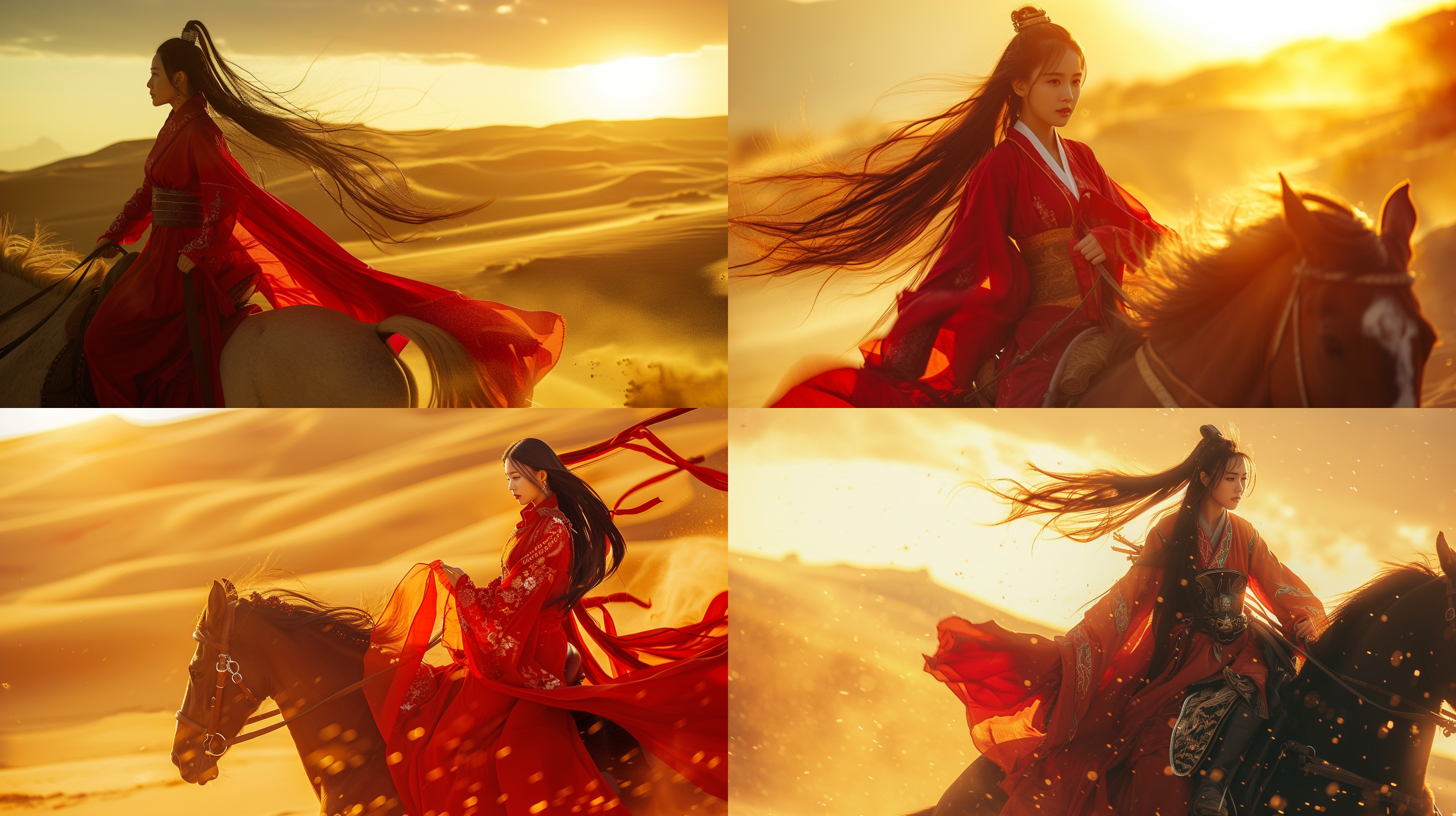 prompt. 红色汉服侠女，沙漠中，风中飘舞的长发，坐在一匹骏马上。拍摄角度较低，中心构图，广角镜头，明亮的逆光照射，展现了侠女的威严和英勇。红色汉服与沙漠的黄色形成强烈对比，突出主题。动作优美，表情坚定自信。