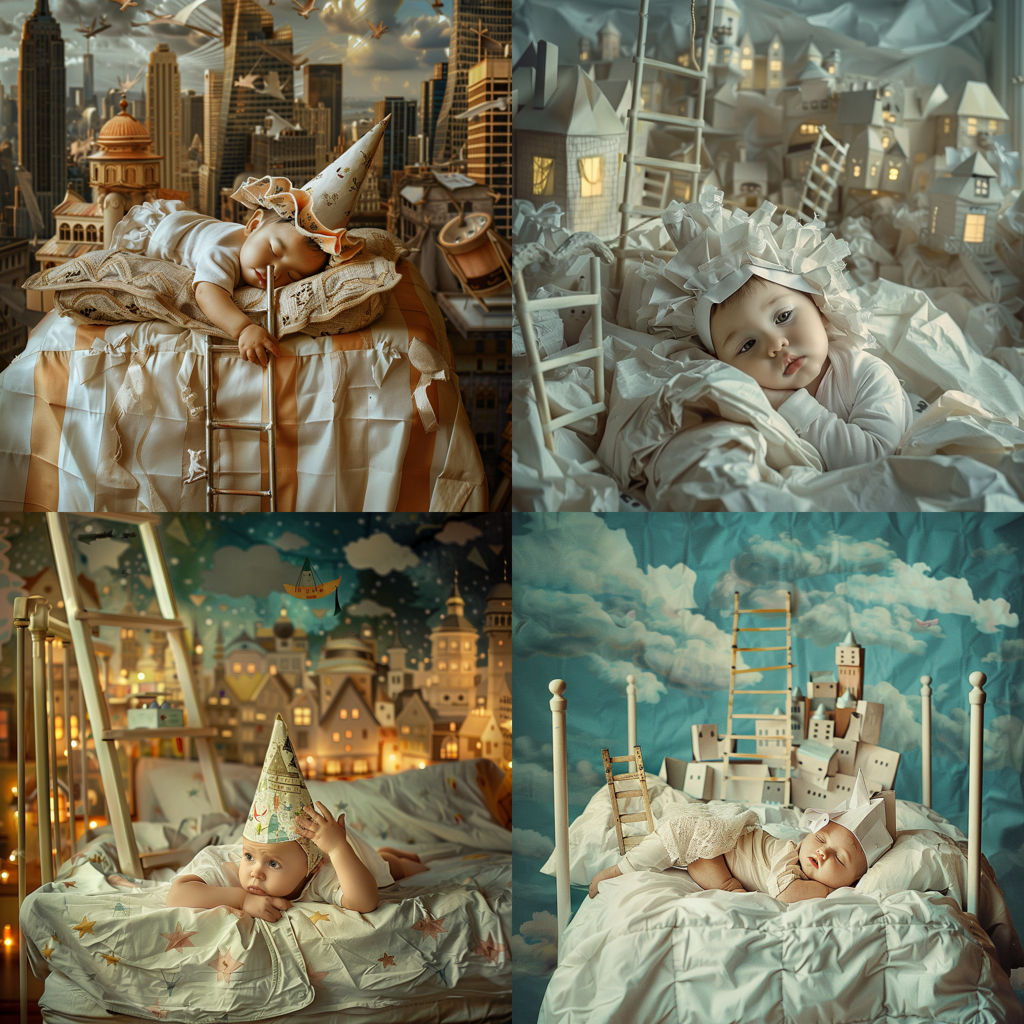 a baby laying on a bed with a ladder and a paper hat on it's head and a paper city background, cosplay, a storybook illustration, adrian zingg, art photography