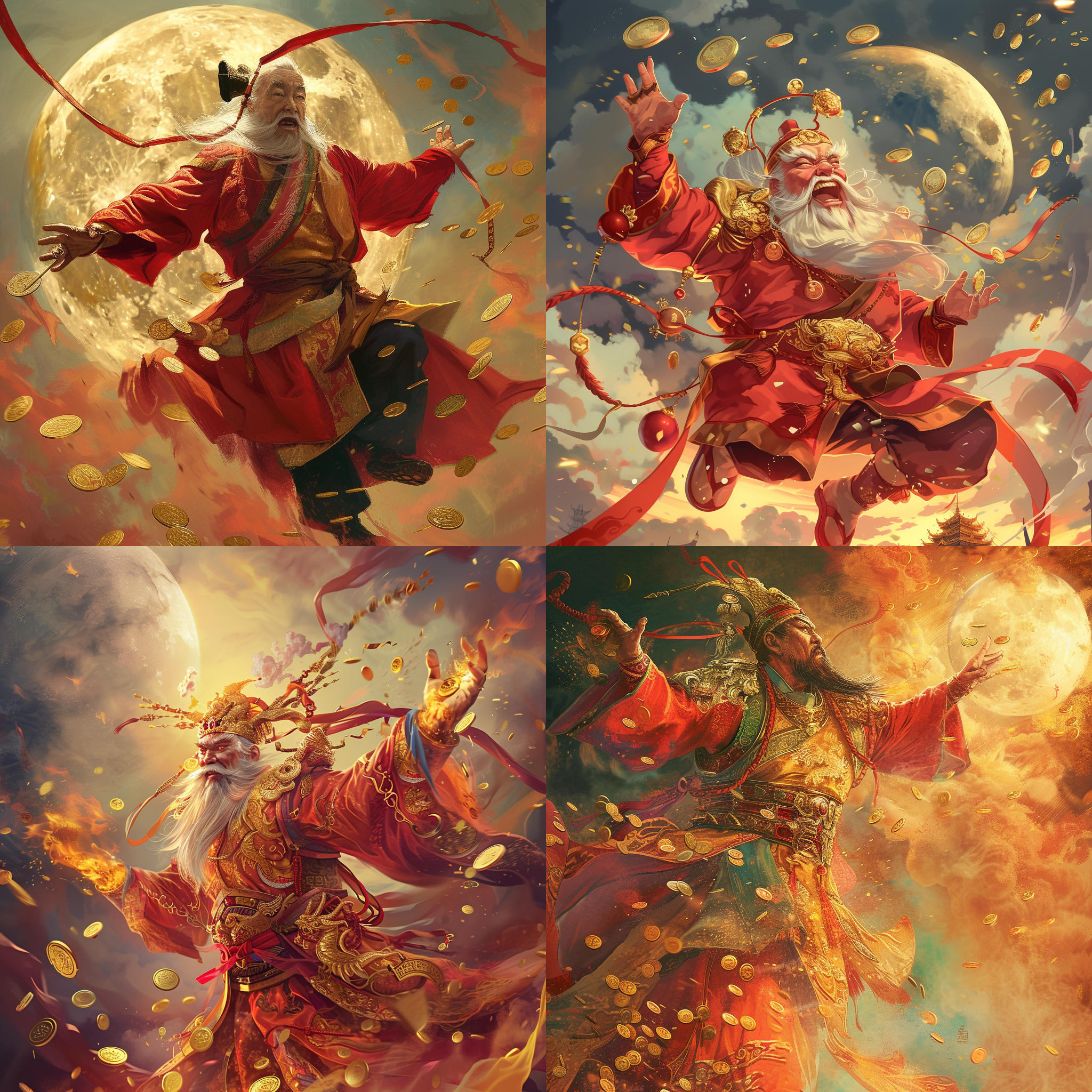 prompt. 财神、月老，空中对峙，金币飘洒，红线牵引，中国风格，暖色调，广角透视，细节丰富，光影效果，喜庆氛围，传统服饰，欢乐神态。