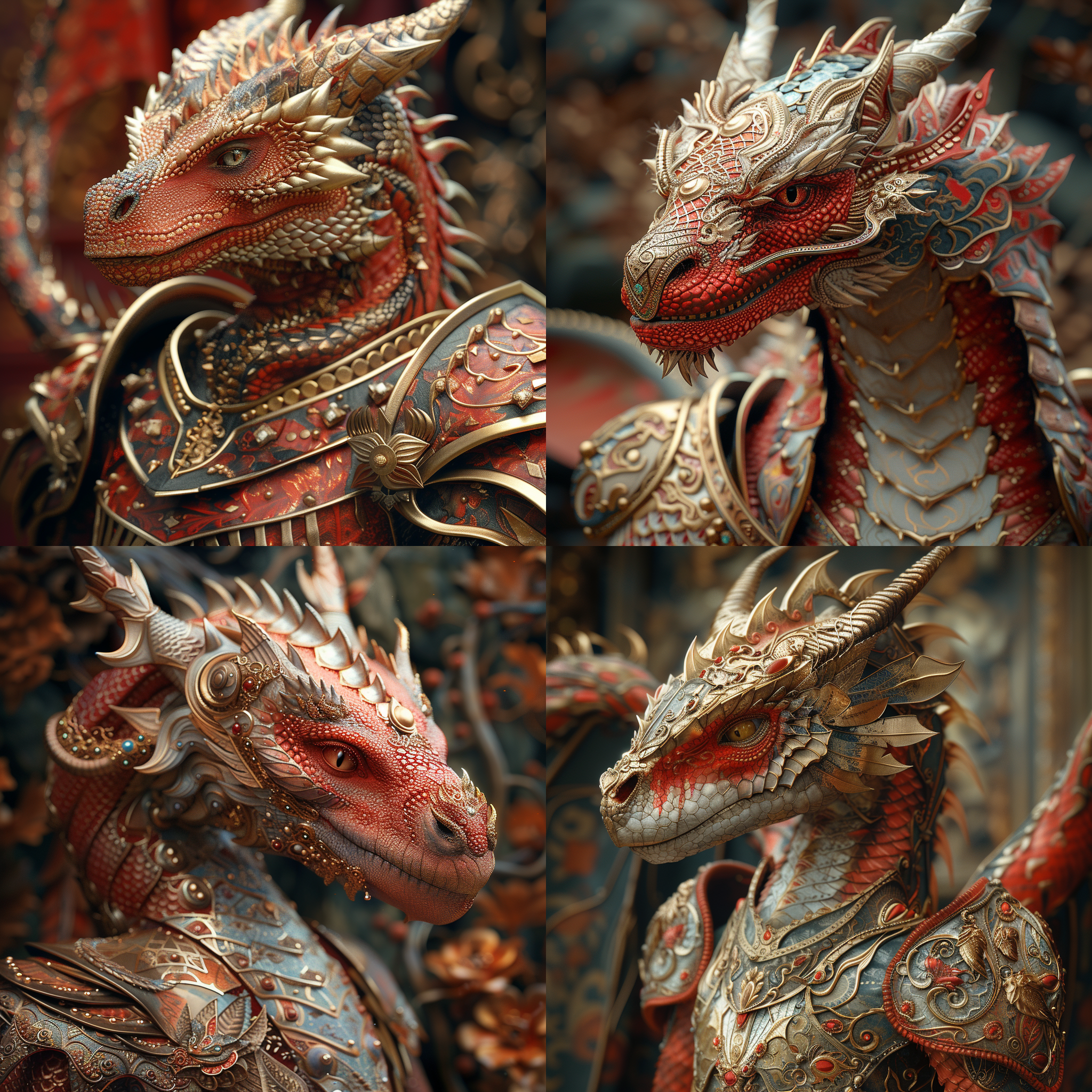 prompt. 龙穿战甲，上半身，细节丰富，古风，金属质感，侧光，细部特写，威武雄壮，古色古香，红色，金色，神秘。