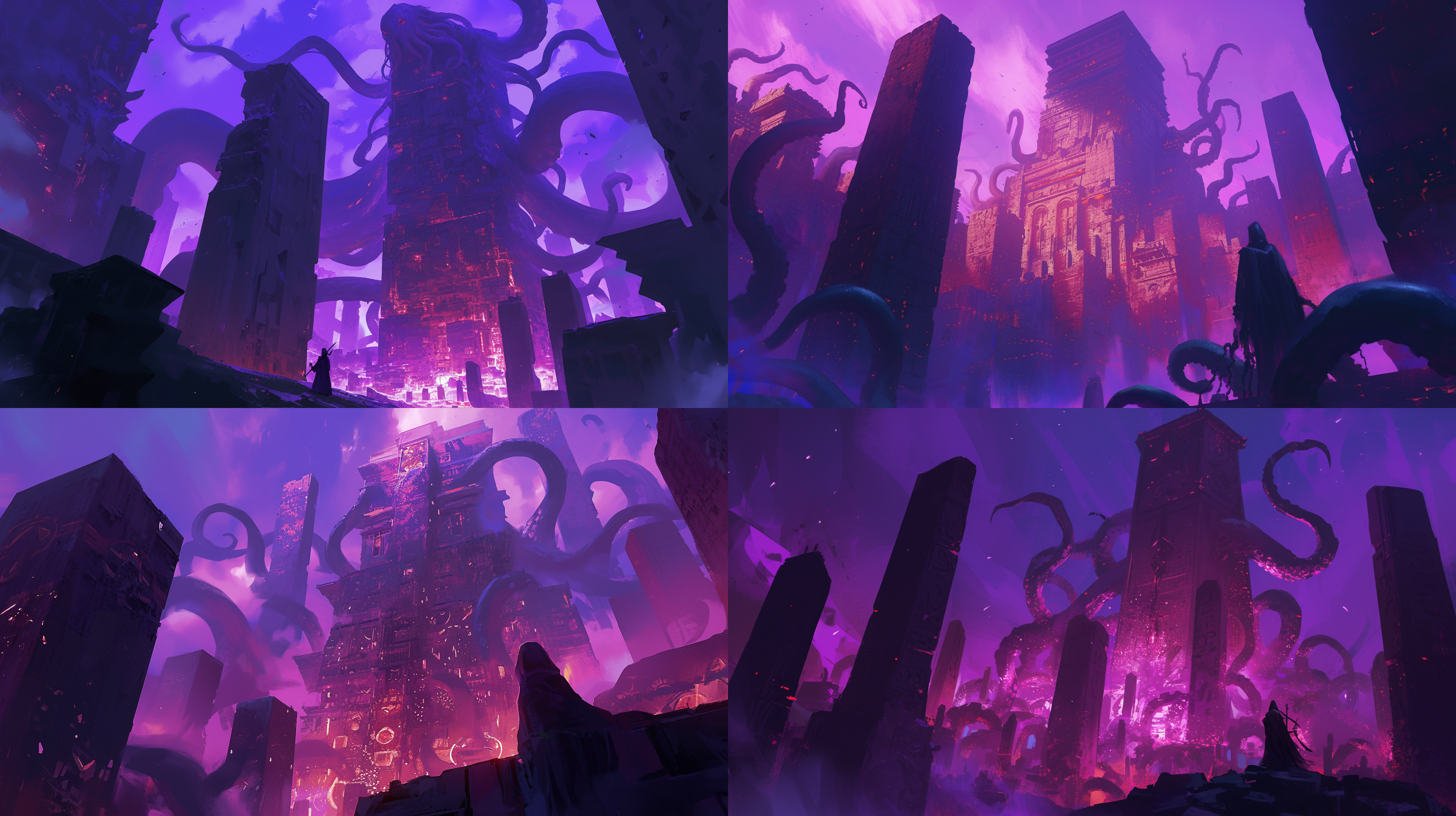 prompt: 古神之城，暗紫色调，方尖碑，符文，触须，克苏鲁，城墙里的眼睛, 高角度视角, 超广角镜头, 紫光灯光, 悬念, 神秘。