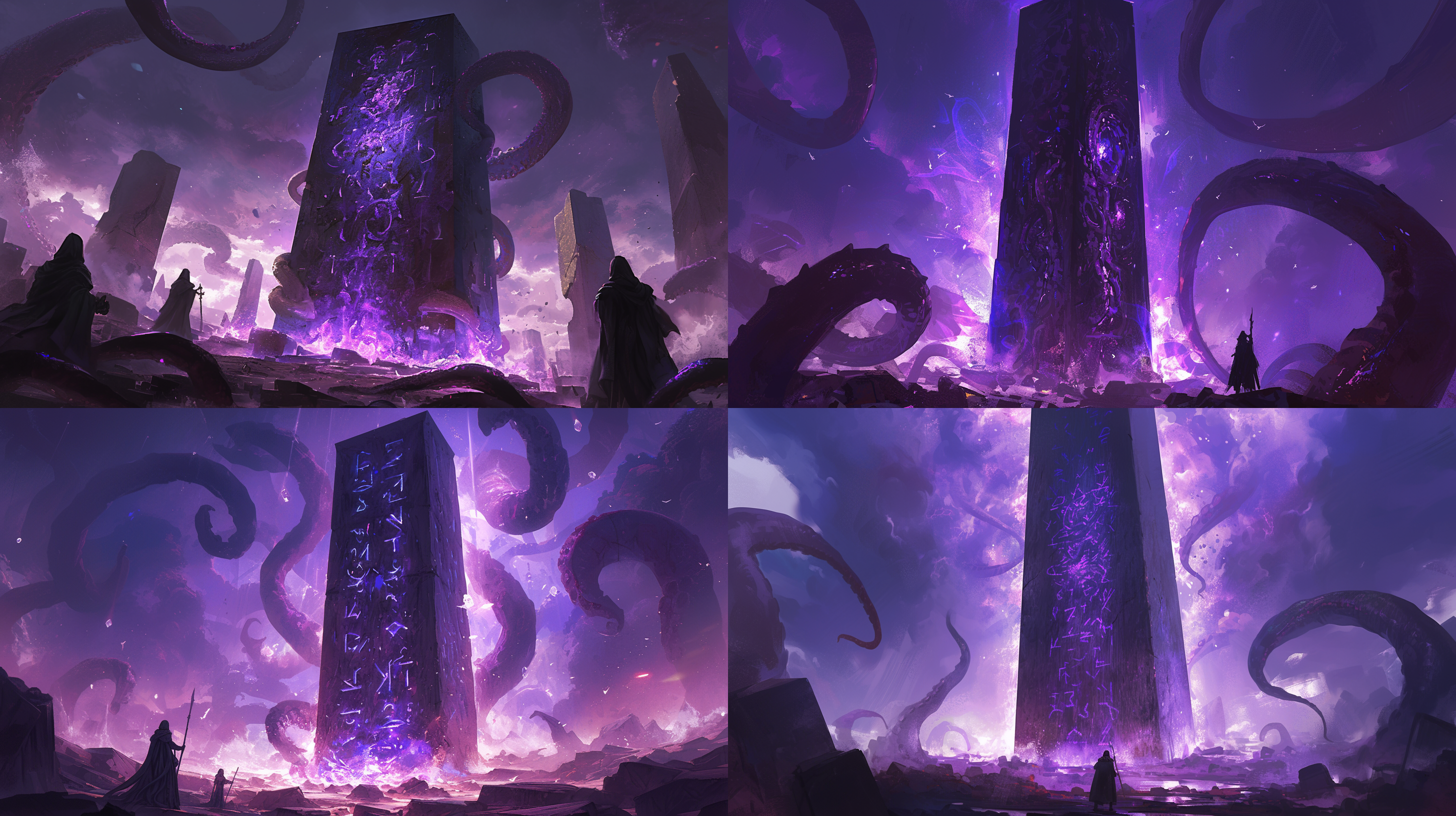 方尖碑上刻满了神秘的雕刻符文，暗紫色的光芒从中散发出来。碑的周围有触须般的纹路，仿佛在向外延伸。整个景象充满了克苏鲁的气息，令人感到神秘而恐惧。黑暗，神秘，纹路，光芒，触须，紫色，克苏鲁。