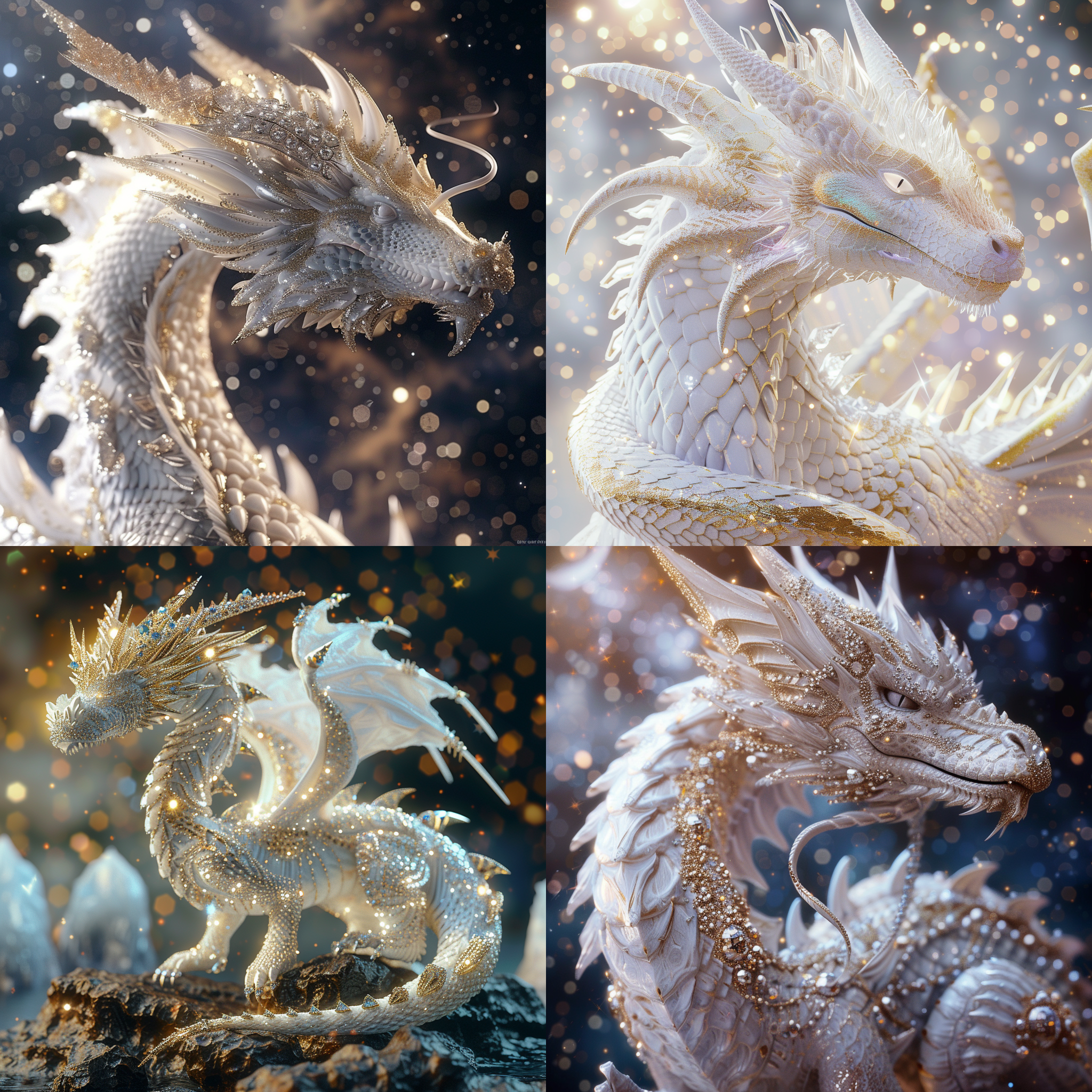 金光闪闪的白龙，点缀水晶，宝石，黄金，立体浮雕，威武霸气，3d渲染，细节惟妙惟肖，宇宙星空背景，正面角度，闪耀光芒，8k画质，横向壁纸尺寸，搅拌机材质，树脂材质，uhd莱卡镜头，神话生物。