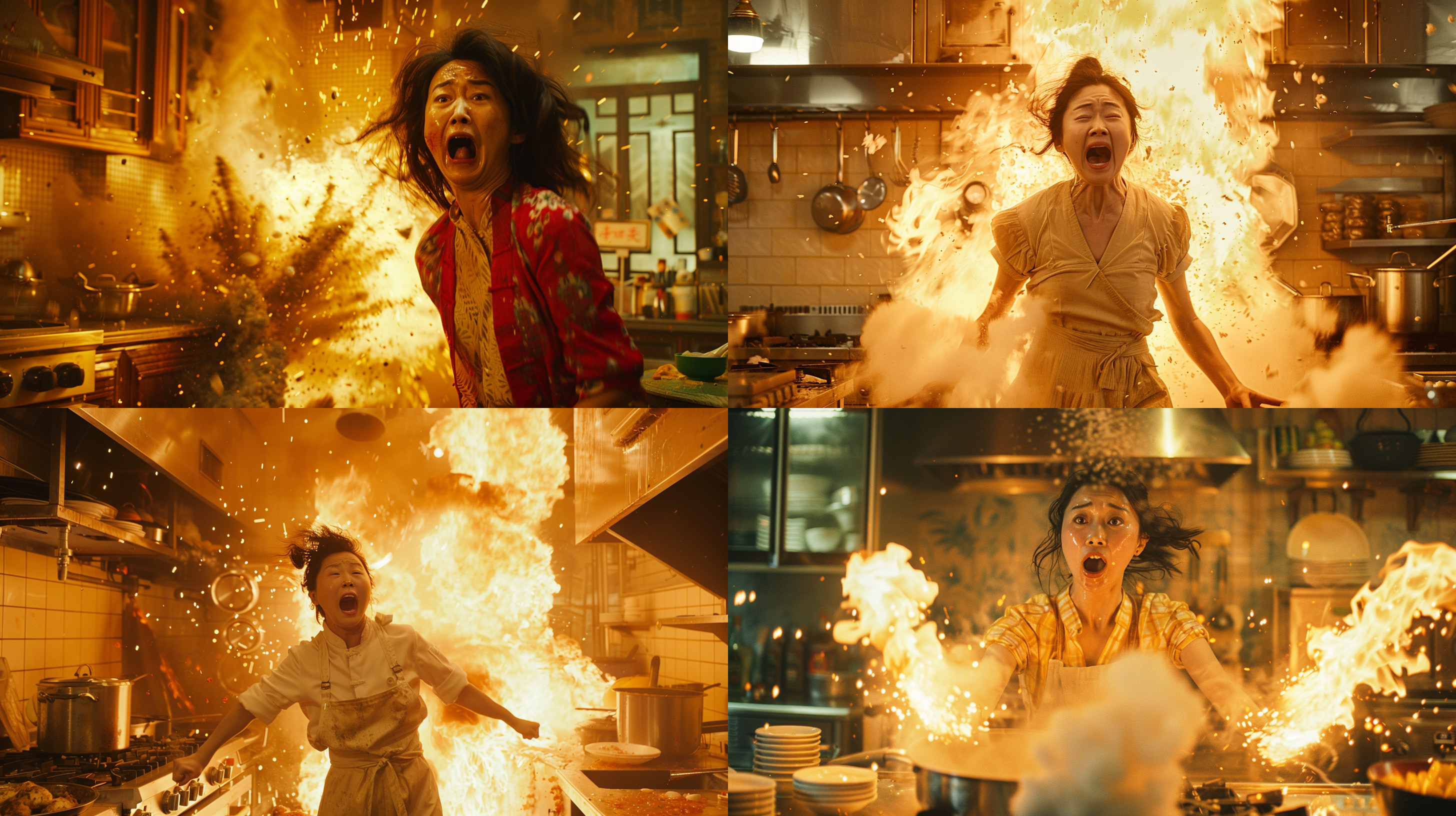 中国，现代餐厅，高压锅爆炸，厨房碗筷都飞了起来，橱柜的门破裂，灯也炸毁了，妈妈吓得张大嘴，惊慌失措，孩子吓哭了，水管呲水，电影场景