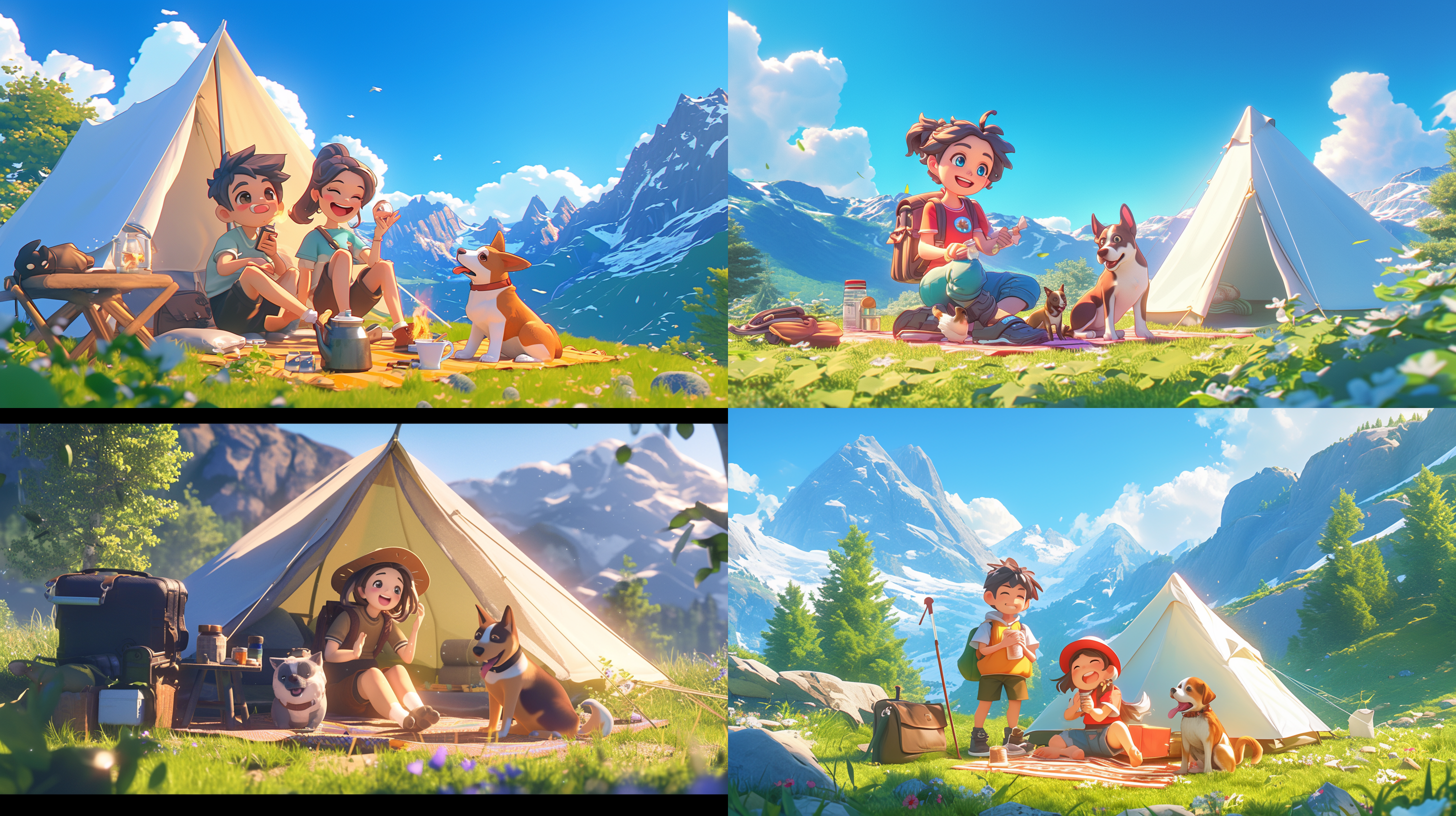 一个可爱的男孩和一个可爱的女孩正在露营，笑着，带着狗，春天的场景，在美丽的山路上，阳光明媚的日子，绿色草坪，白色帐篷，8k，3d风格，卡通人物设计，丰富的细节，柔光，oc渲染