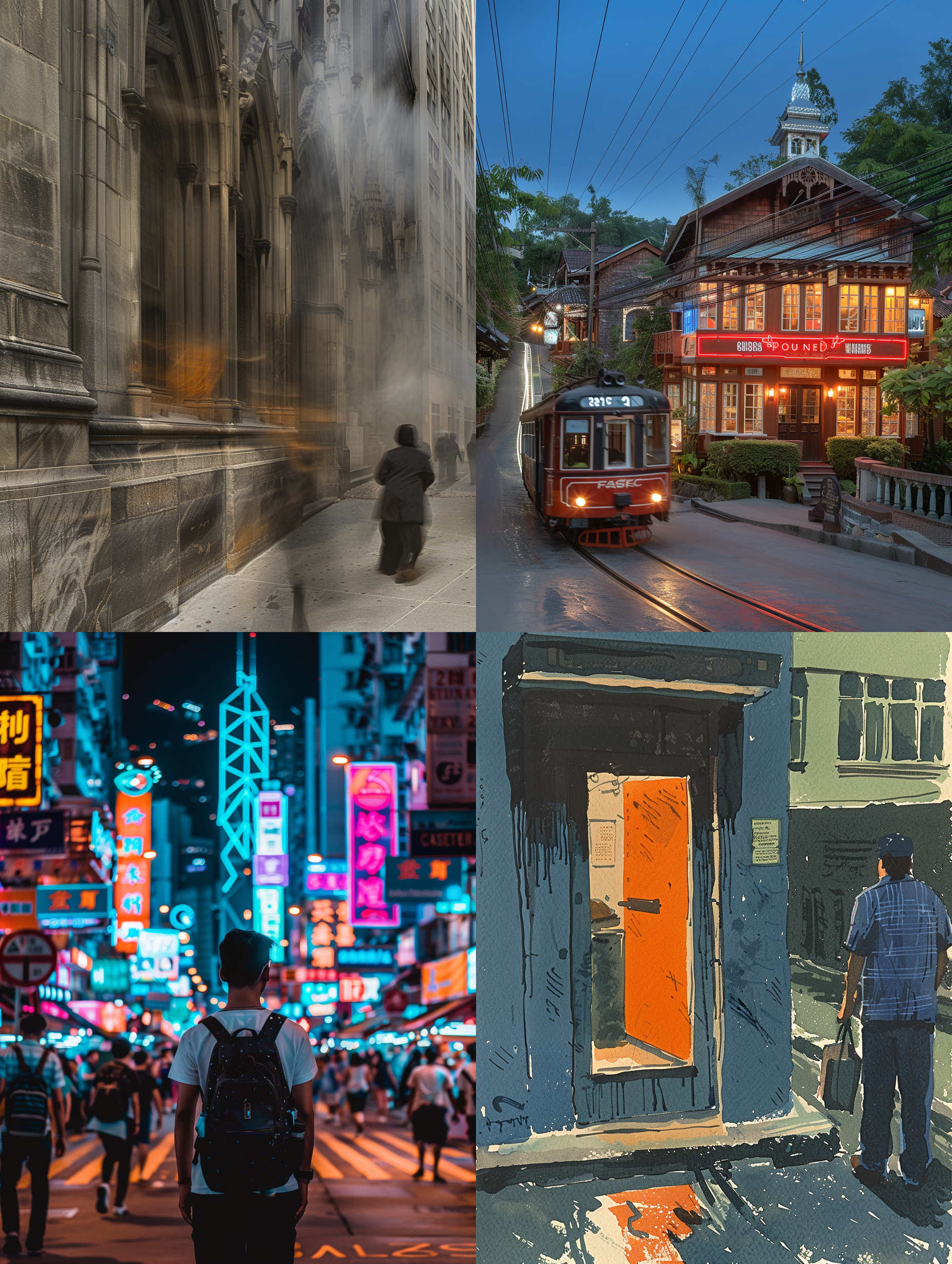 prompt. 快餐市场，繁忙景象，城市街道，人群涌动，霓虹灯光，透视构图，长焦镜头，夜晚，高iso，快门延时，食物摊位，五彩斑斓，喧闹热闹。