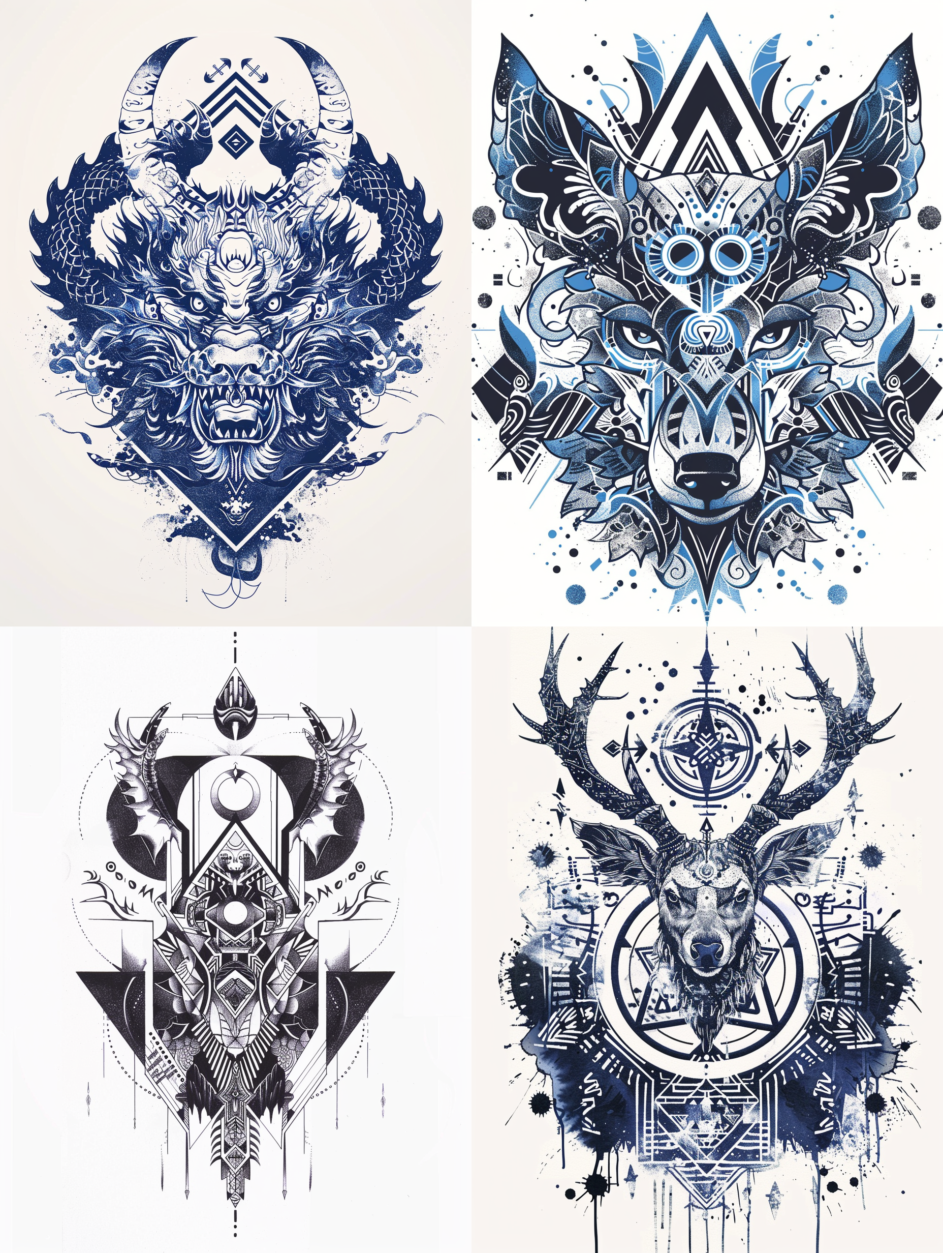 神兽印章，几何形状，白色背景，黑白风格，keith haring涂鸦风格，尖笔插图，mbe插图，粗线条，破旧美感风格，混搭图案，青花瓷色调，文字和表情符号装饰。