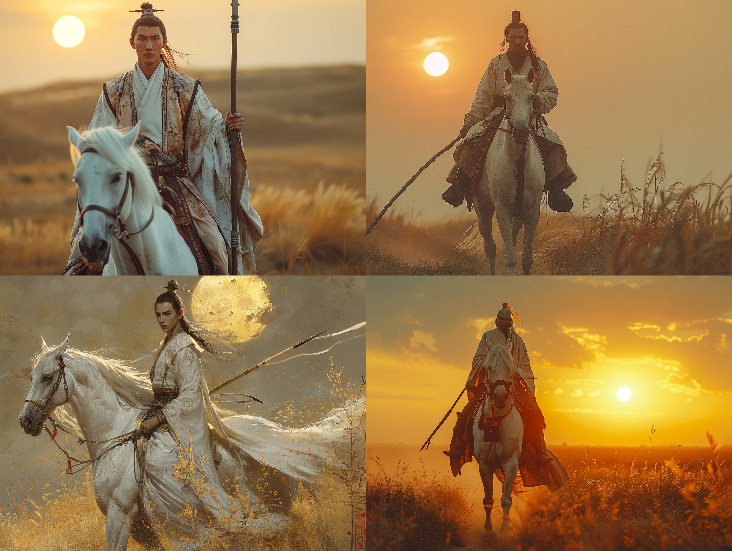 素衣白马，宋代少年将军，手提长枪。在宽阔的战场上，他英姿飒爽，目光坚定。背后是烈日高悬，炙热的黄土地延伸至远方。镜头捕捉到了他身上的每一个细节，展现出他的勇敢和决心。素衣白马，宋代少年将军，手提长枪，战场，阳光，黄土地，细节，勇敢，决心。