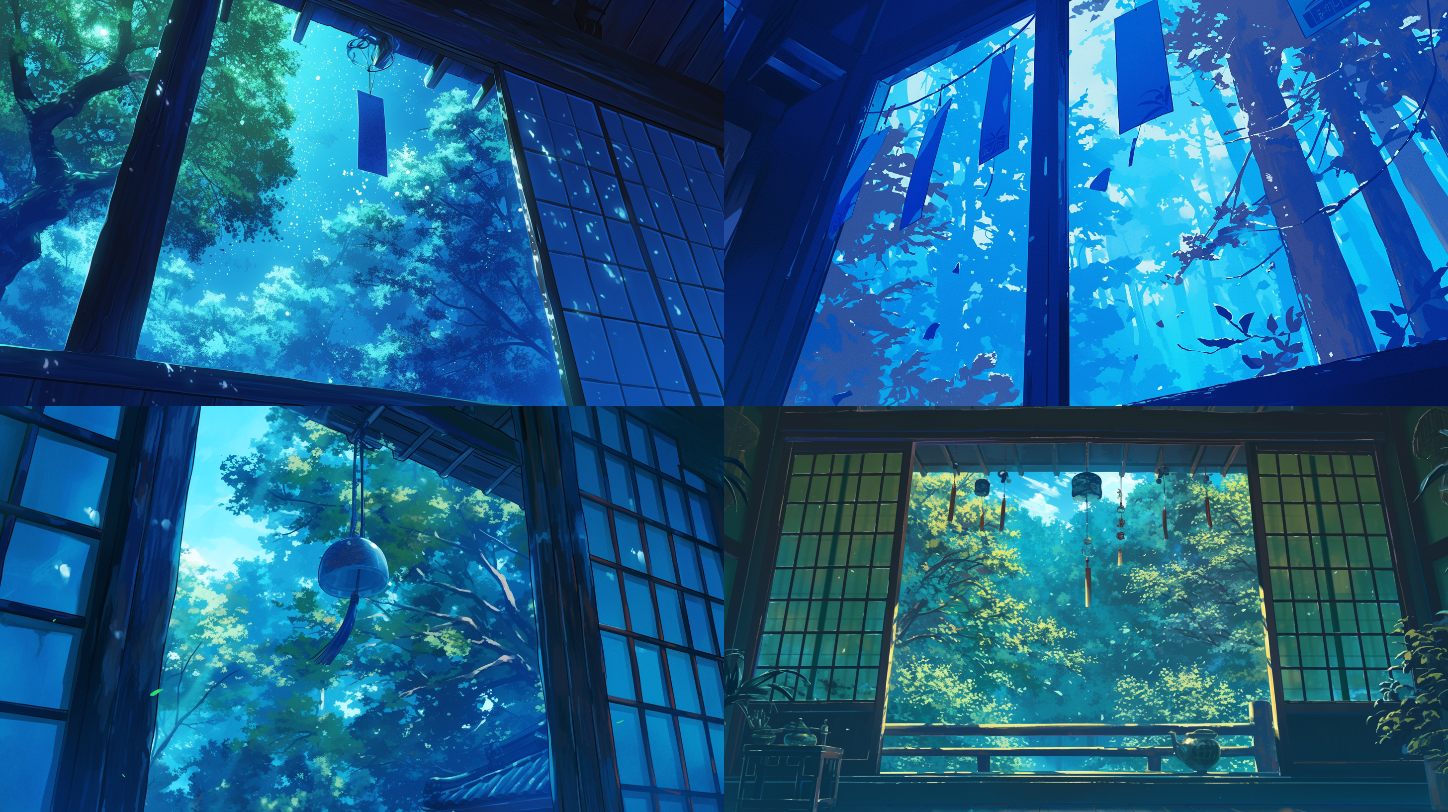 夏天晚上，房间的后窗开着，窗外有高大的树木，屋顶垂下一盏蓝色的手工纸风铃迎风摇曳，仰视镜头，