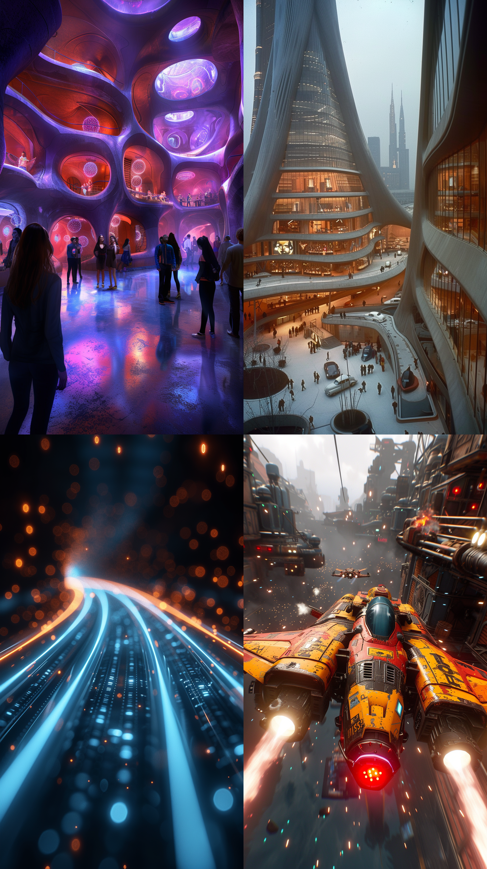 prompt. 100年后的地球，未来科技城市，太空港，高科技风格，夜晚，霓虹灯光，宇宙蓝色调，广角透视，流线型建筑，飞行汽车，未来感。