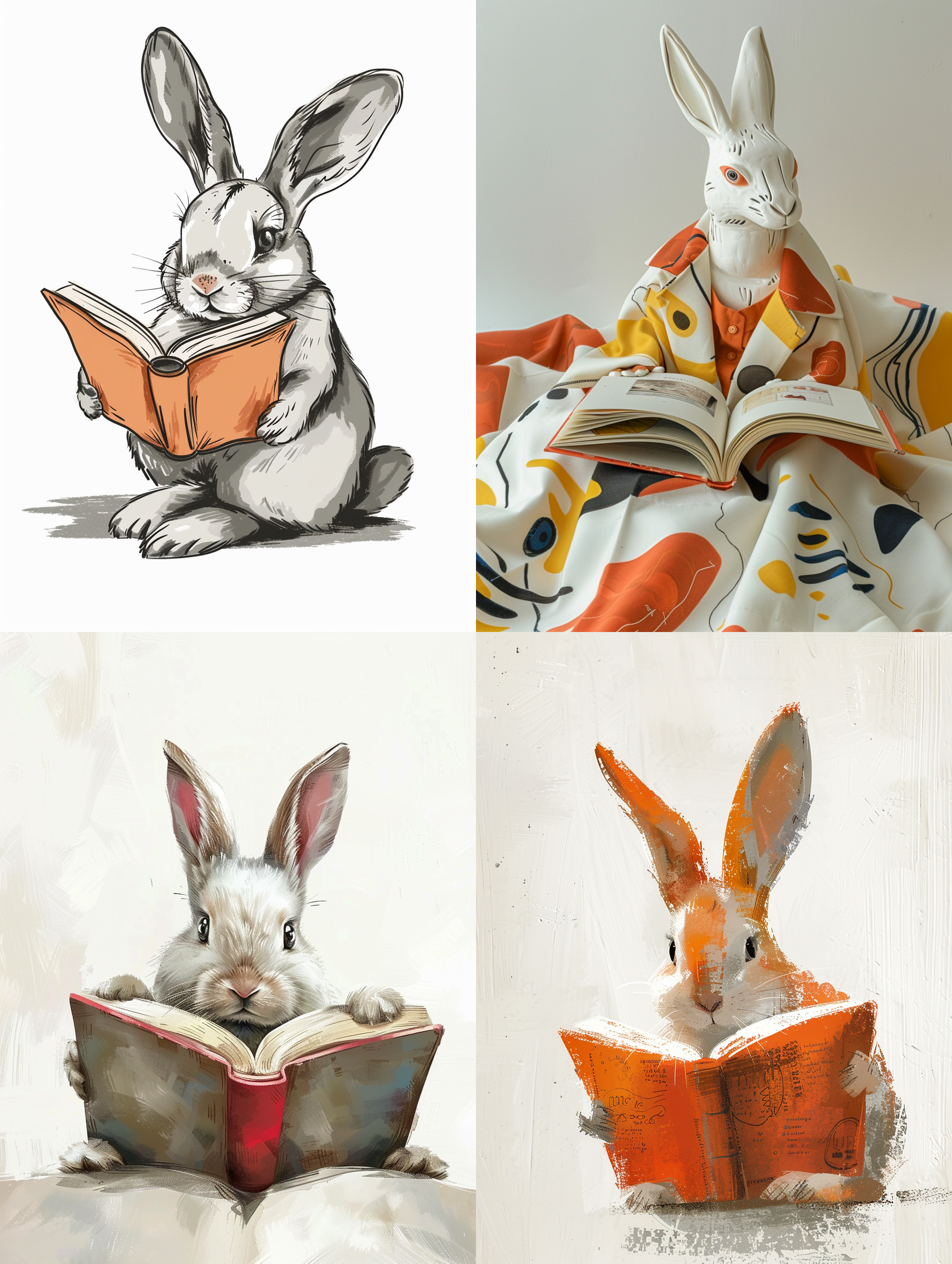 兔子读书，2d风格，平面设计，白色背景，特写镜头，毕加索风格，书籍上有标志，平静。