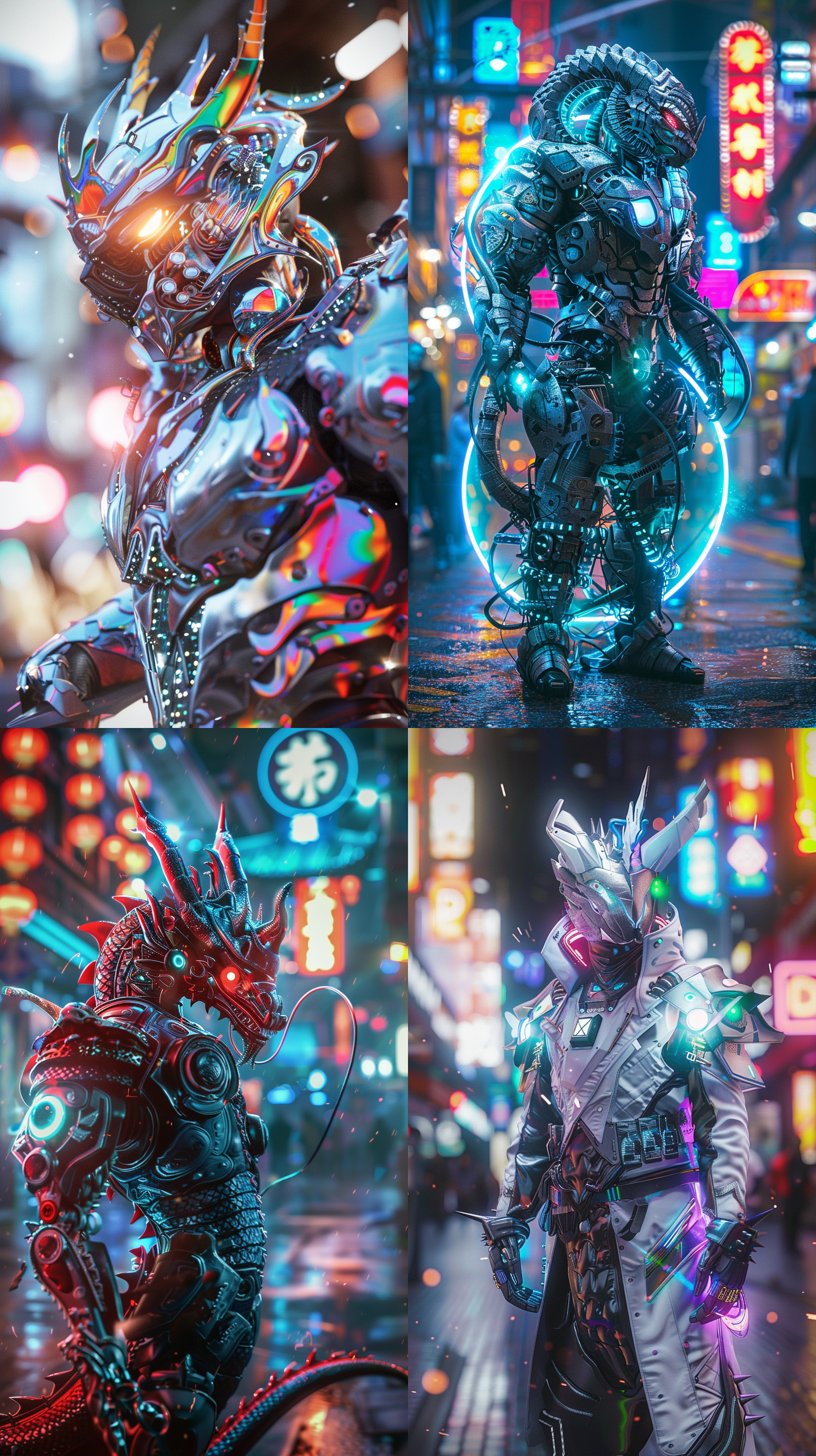 赛博朋克风格，生肖龙拟人化，身穿机甲战衣，炫酷动作，银虹街头，全身特写，全景摄影，玄幻引擎，超完美细节把控，超清晰外观设计，超真实，超完美，炫酷灯光，太极圆环，苹果壁纸，32k,数字渲染，色彩丰富，fhd