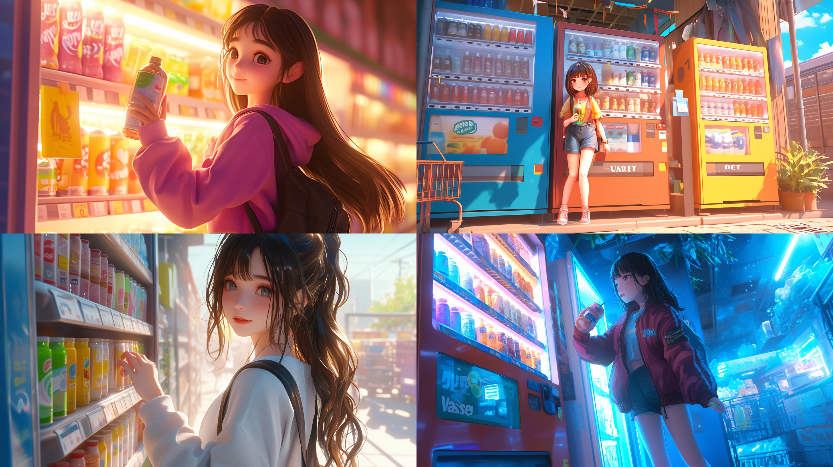 一个超市里的可爱女孩，饮料自动售货机，社交平台，8k，3d风格，卡通人物设计，丰富的细节，柔光，轻松，oc渲染