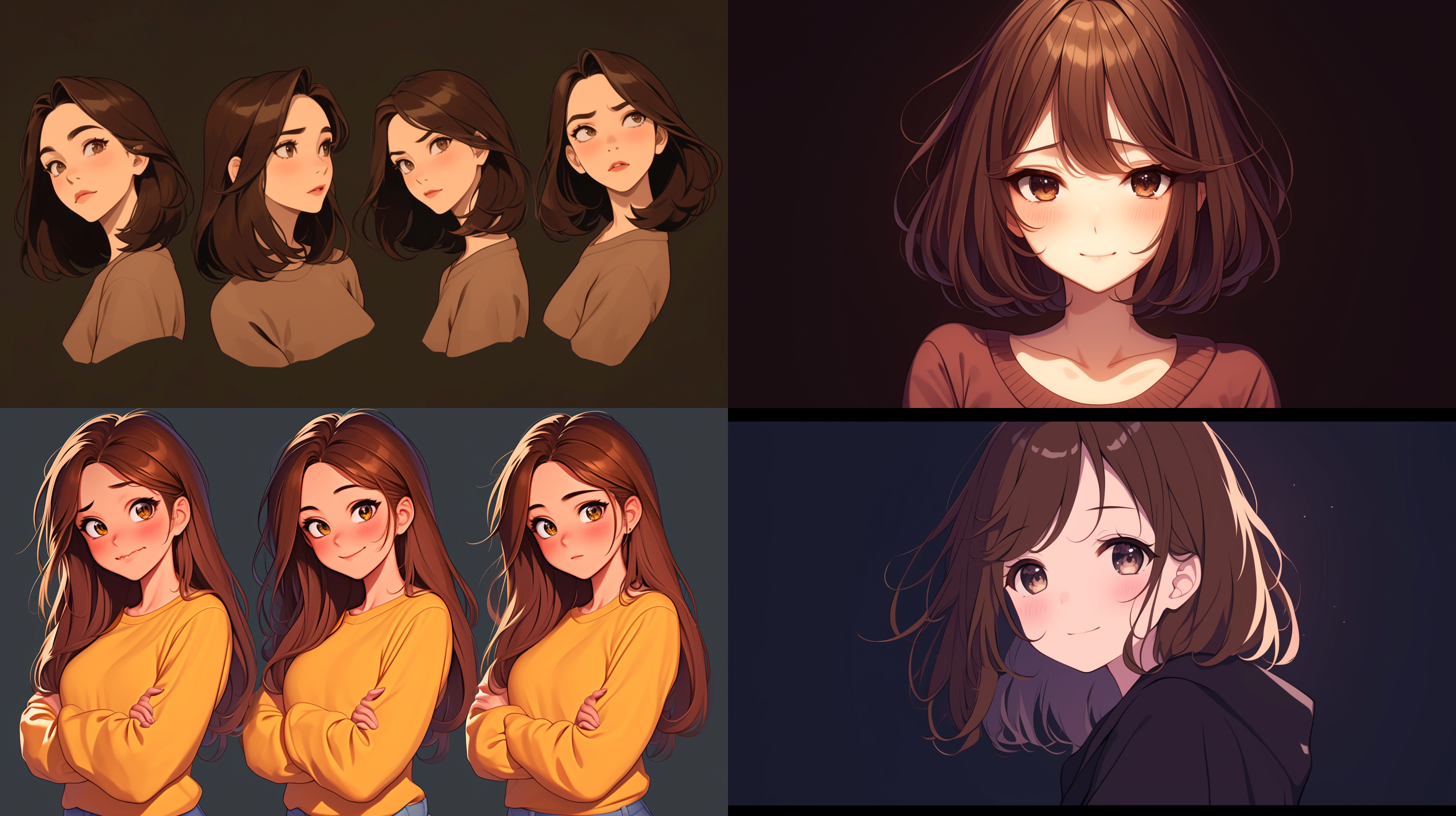 一个可爱的卡通女孩面部镜头，棕发，放松，黑暗背景，2d，cg插画，吉卜力风格人物头像，明亮的灯光，可爱表情包组合，