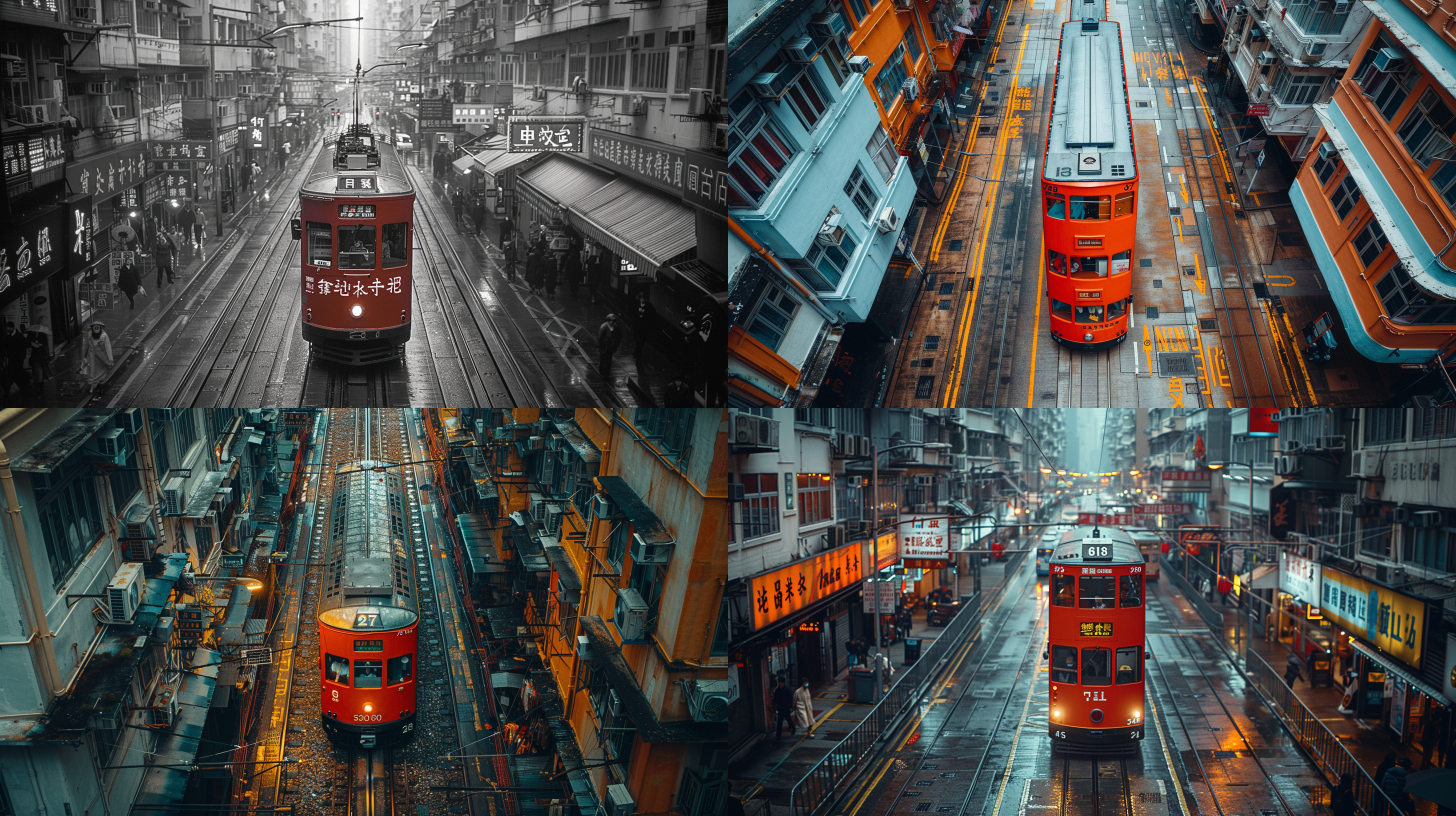 复古摄影，60年代的香港街道，城市风光，哈苏x2d相机拍摄，俯视视角，自然光照明，现有环境，宽幅构图，特写镜头 - ar 16:9 -s 750