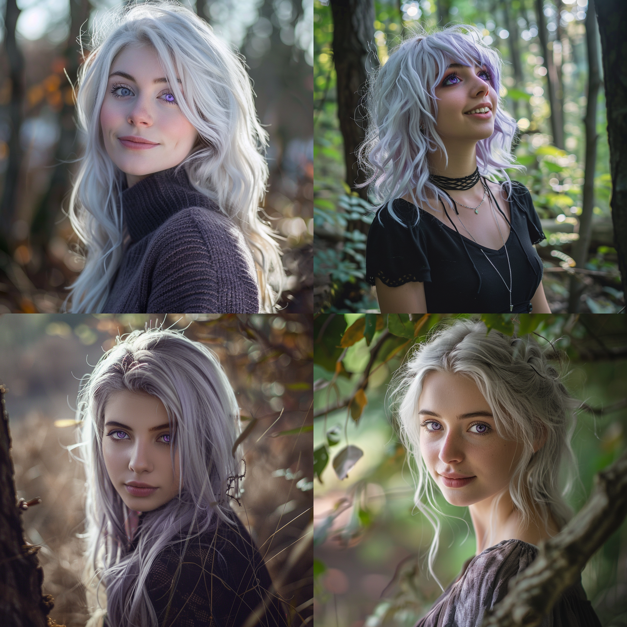 prompt. 银白色头发，紫色眼睛的女孩，树林中，侧光，微笑，神秘感，肖像模式，长焦镜头，自然光，柔和色调，宁静。