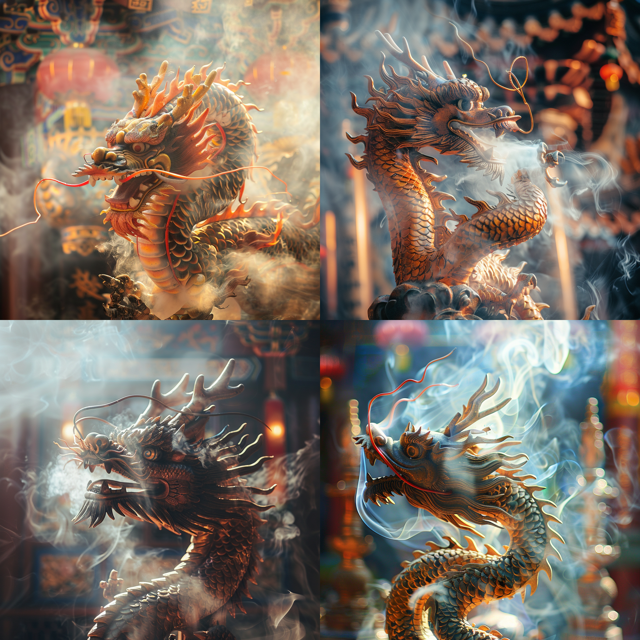 prompt. 中国庙宇内，烟雾缭绕，一条神龙苍劲挺拔，身躯盘绕，眼神凌厉，头颅高昂，传统风格，红色龙鳞，金色龙须，祥云环绕，光影交错，庄严威武，庆祝，喜庆，祝福。