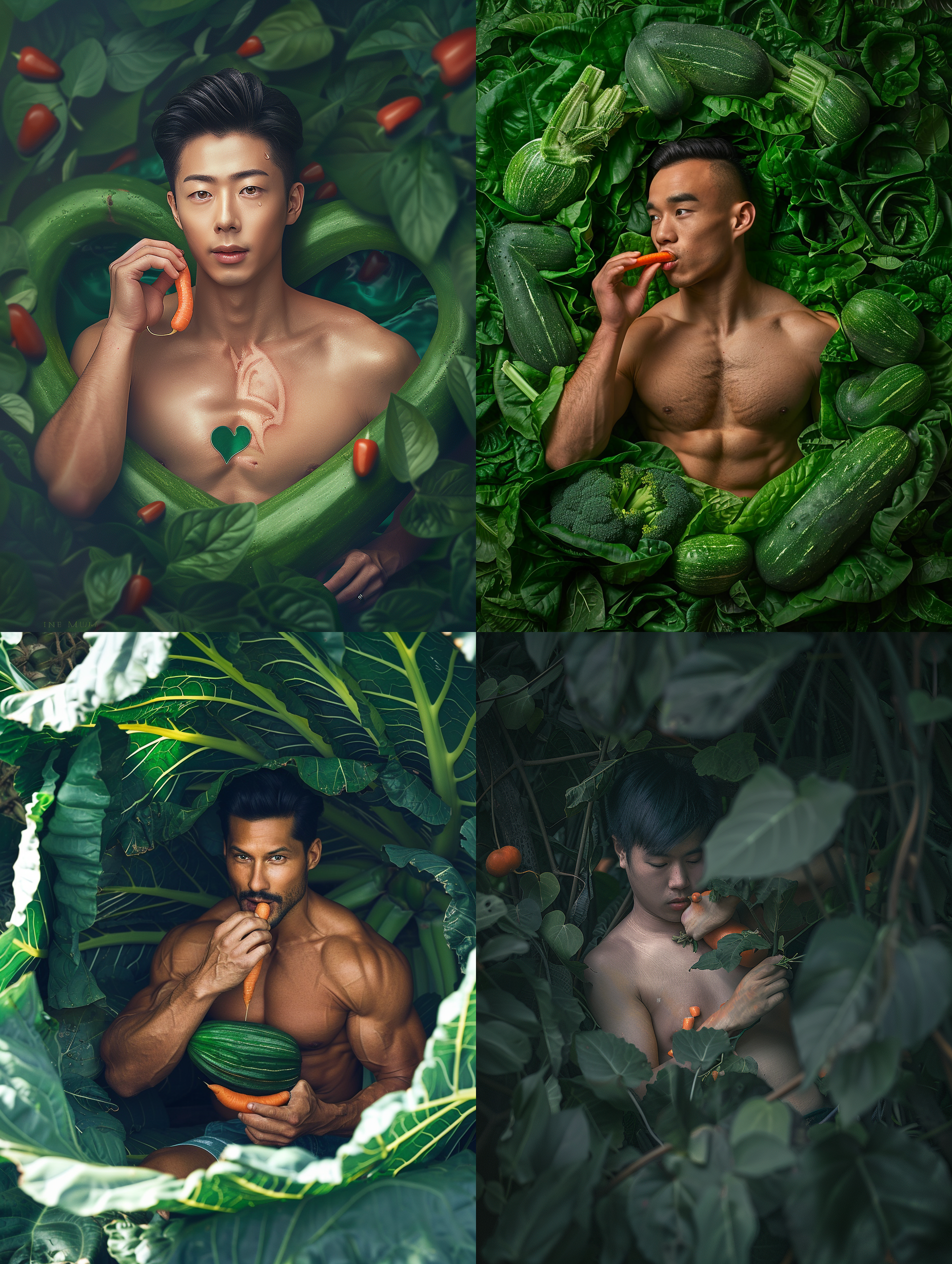 英俊的亚洲男人，在一个巨型的圆心菜的叶子里，抱着一些小圆心菜，咬着一个胡萝卜，宽松长裤，肌肉，超现实主义，极致细节,真实摄影风格，电影级灯光。