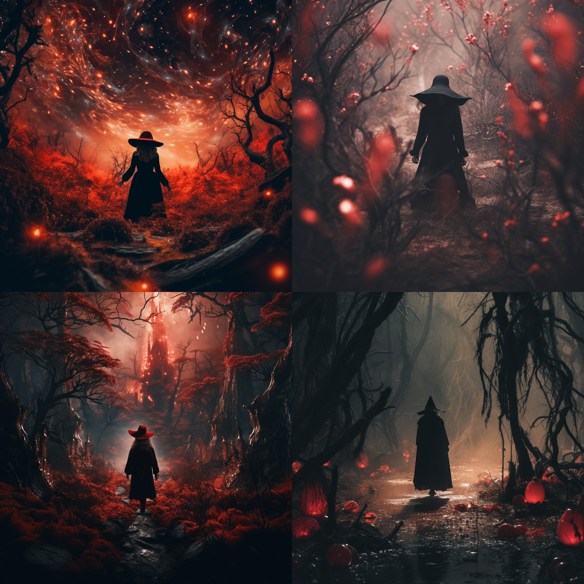 女巫释放魔法，森林背景，宫崎骏风格，航拍视角，红色调，环境光，长焦镜头，神秘感，魔法氛围，紧张刺激。