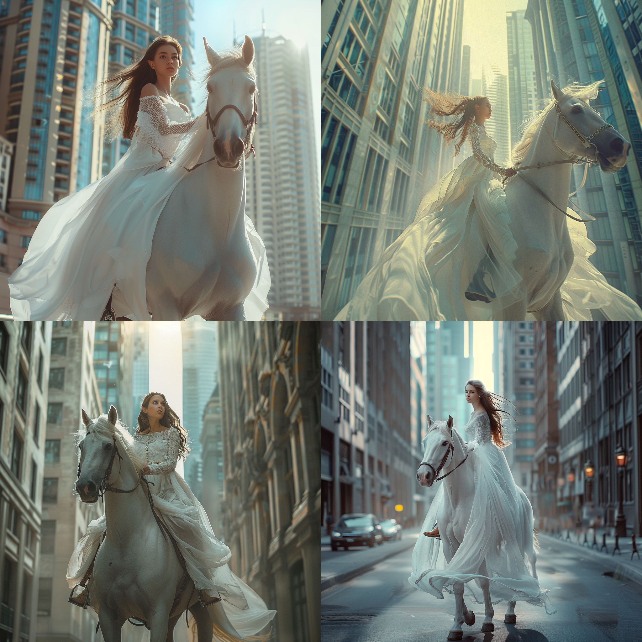 精灵少女骑白马，高楼大厦之间，白色纱裙，美丽动人，长发飘飘，街上想走，目光向前，广角镜头，明亮照射，对角线构图，优雅，自信，自由，纯洁。