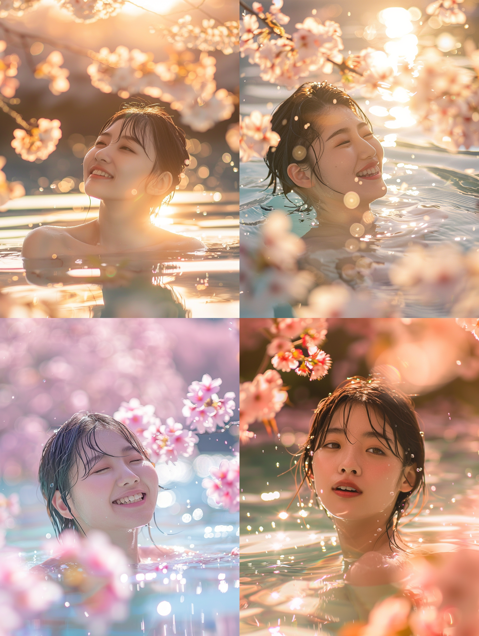 prompt. 木之本樱游泳，日系风格，开心笑容，逆光拍摄，长焦镜头，自然光，温馨，柔和色调。