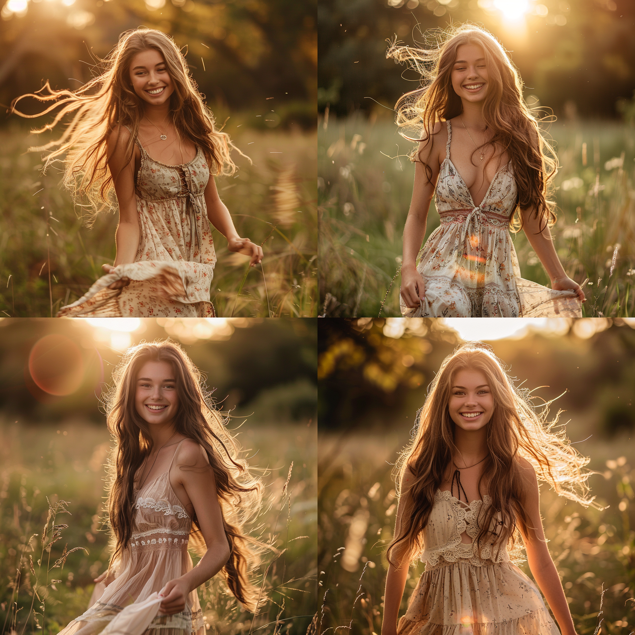 一个女孩，全身照，户外草地上，夕阳西下，穿着连衣裙，微笑着，长发飘逸，温暖色调，背景虚化，正面构图，自然光，柔和表情，欢乐。
