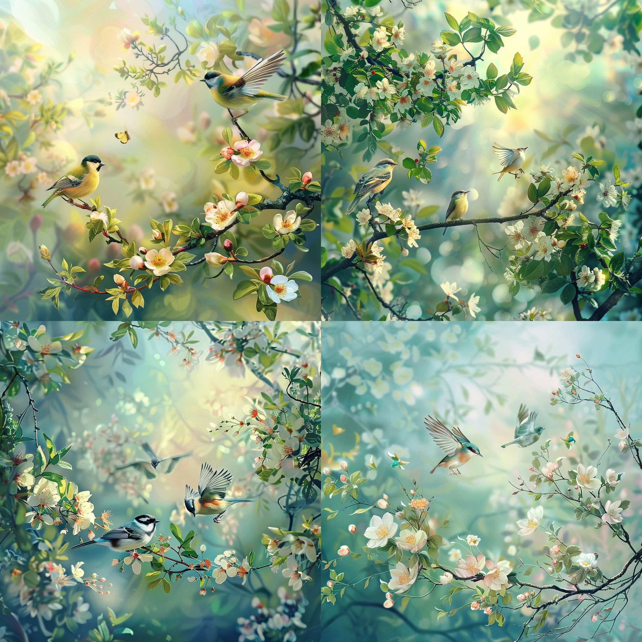 prompt. 春天景色，花朵盛开，小鸟飞舞，绿叶新芽，长镜头，自然光，细节丰富，色彩鲜艳，和谐，轻快。