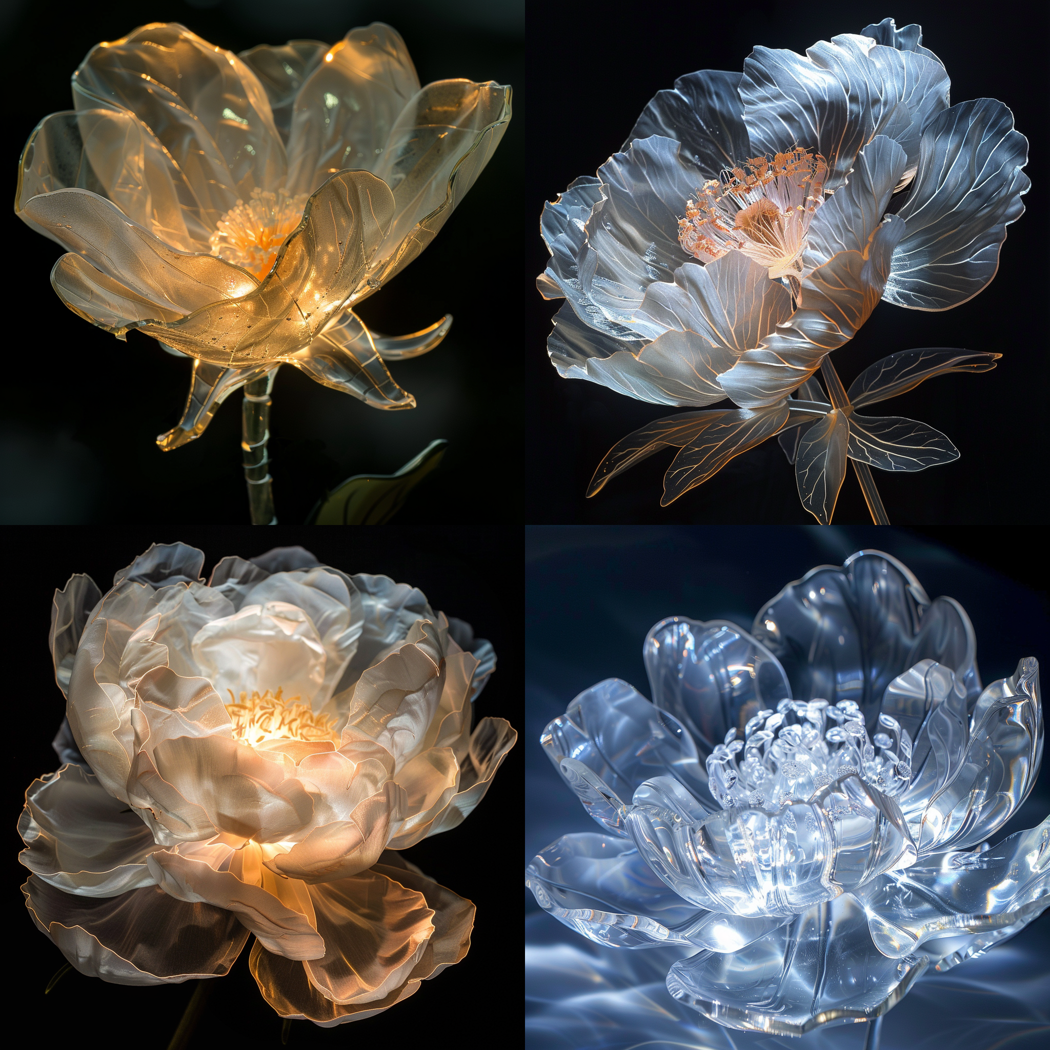 近距离拍摄，夜光，透明，玻璃材质，一朵透明的牡丹花