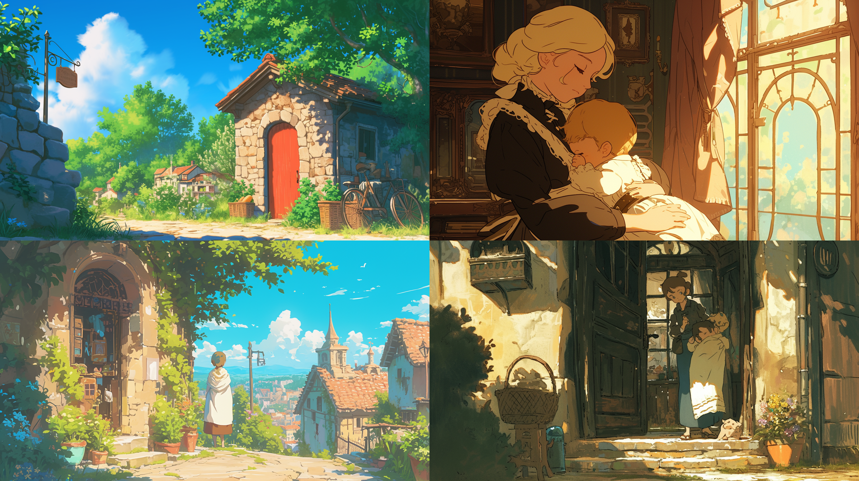 十九世纪的欧洲小镇，夏天午后，一个小镇图书馆的门口，一个弃婴在襁褓中啼哭，吉卜力风格