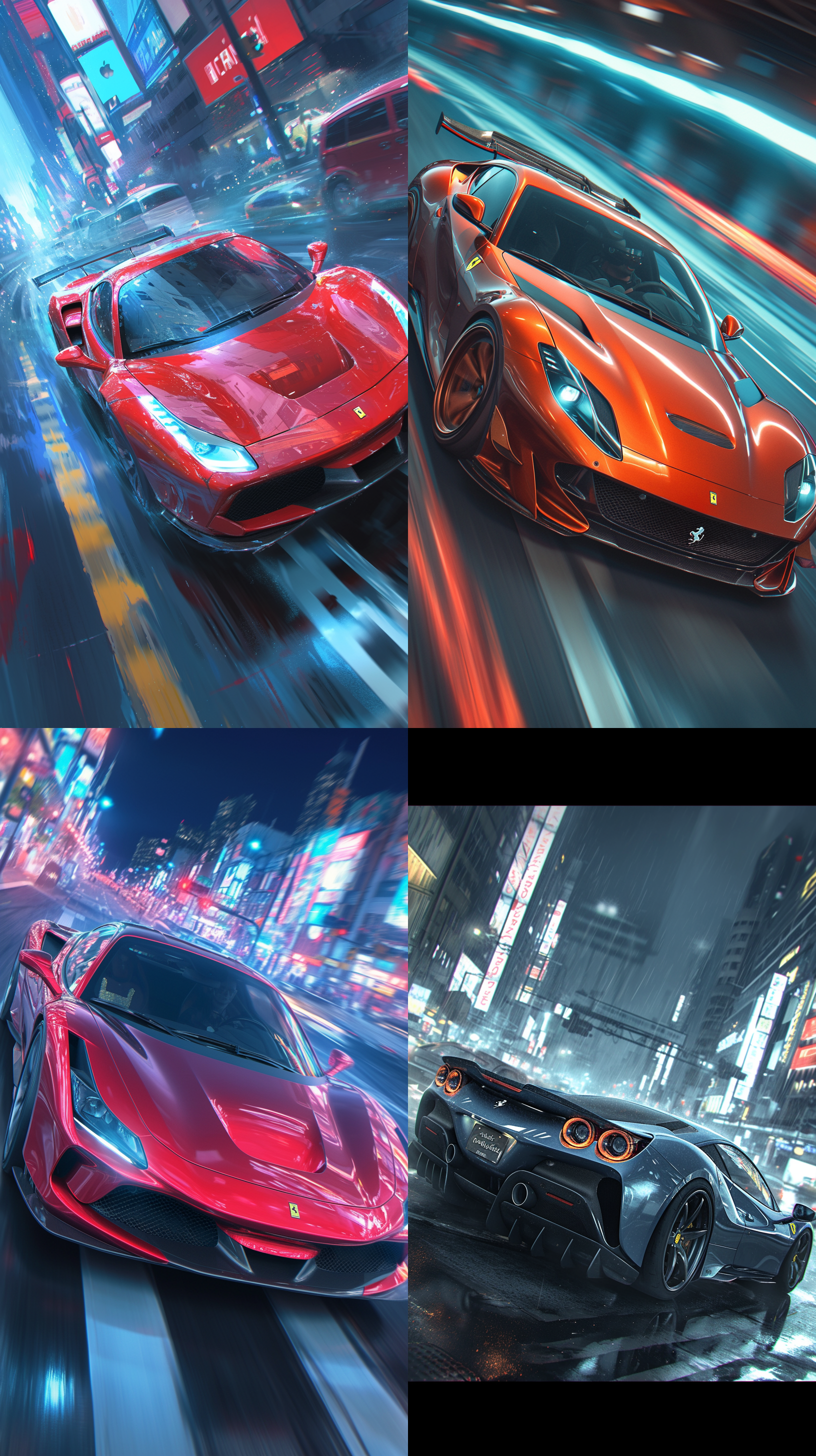 a crazy ferrari 296 running at night in the city, high-speed photography, cinematic feel, city racing, frontal view, video shooting, apple wallpaper, 32k