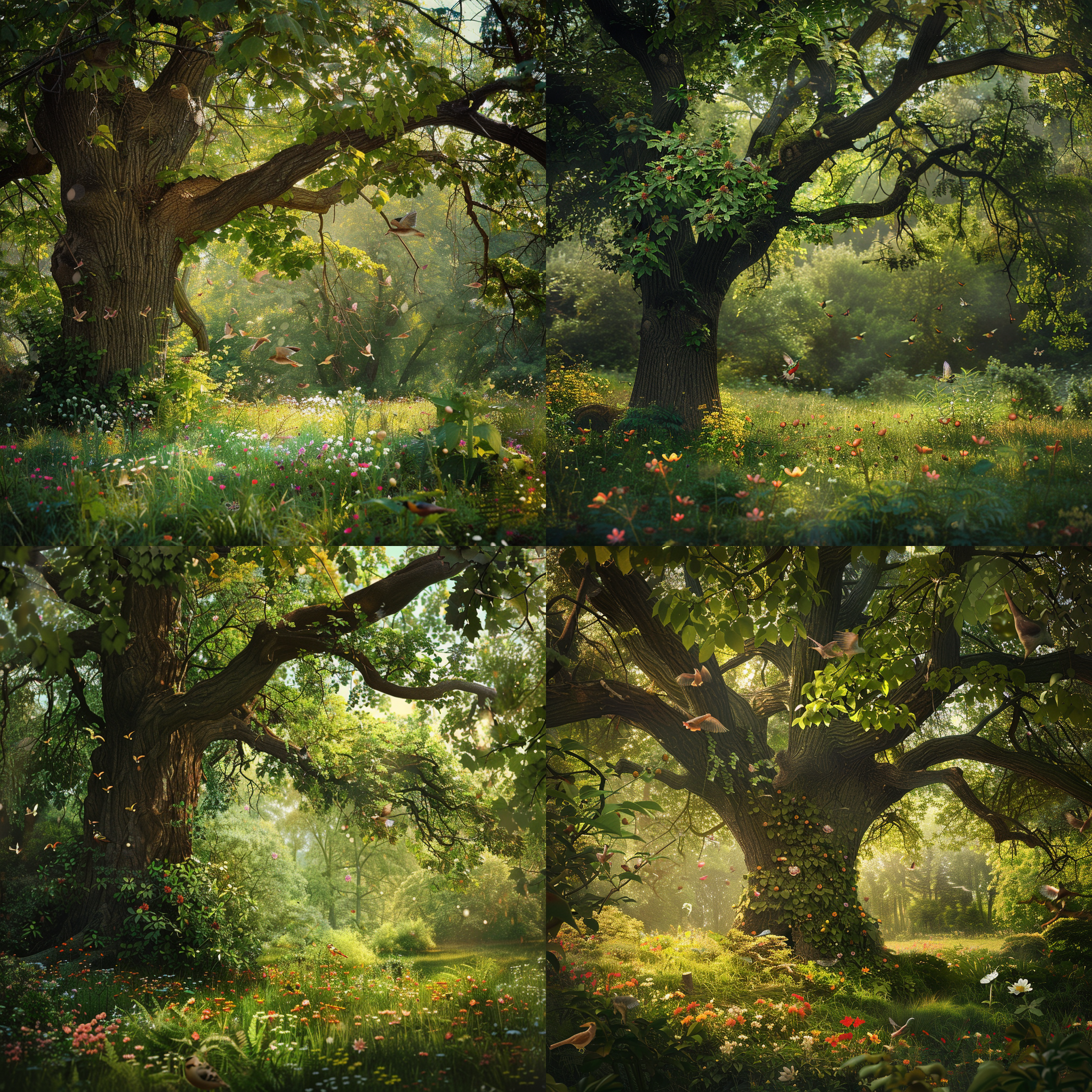 prompt. 森林里，一棵大树上，绿叶新芽，小鸟林间飞舞，树下草坪上花朵盛开，自然光，细节丰富，色彩鲜艳，和谐，轻快，广角镜头，追焦