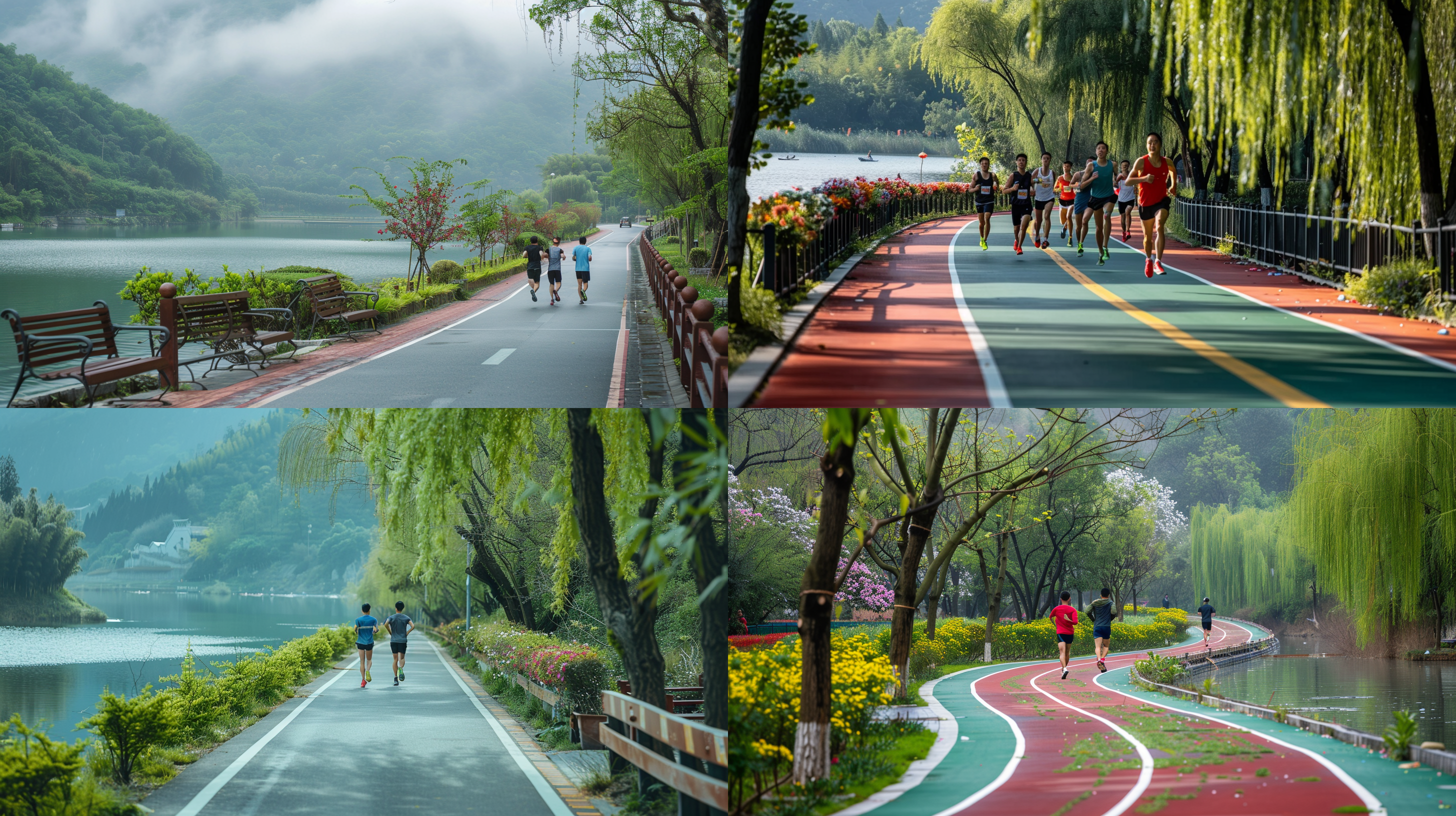 prompt. 汉族男子跑步，湖泊旁景观道路，红绿沥青路面，白线勾勒，绿色树林，花灌木与柳树点缀，有木质靠背椅，一边是湖泊，自然光照射。衣着运动装，专注表情，清晰对焦，正面构图，远景湖泊，长焦镜头，动态模糊，活力，和谐色调。