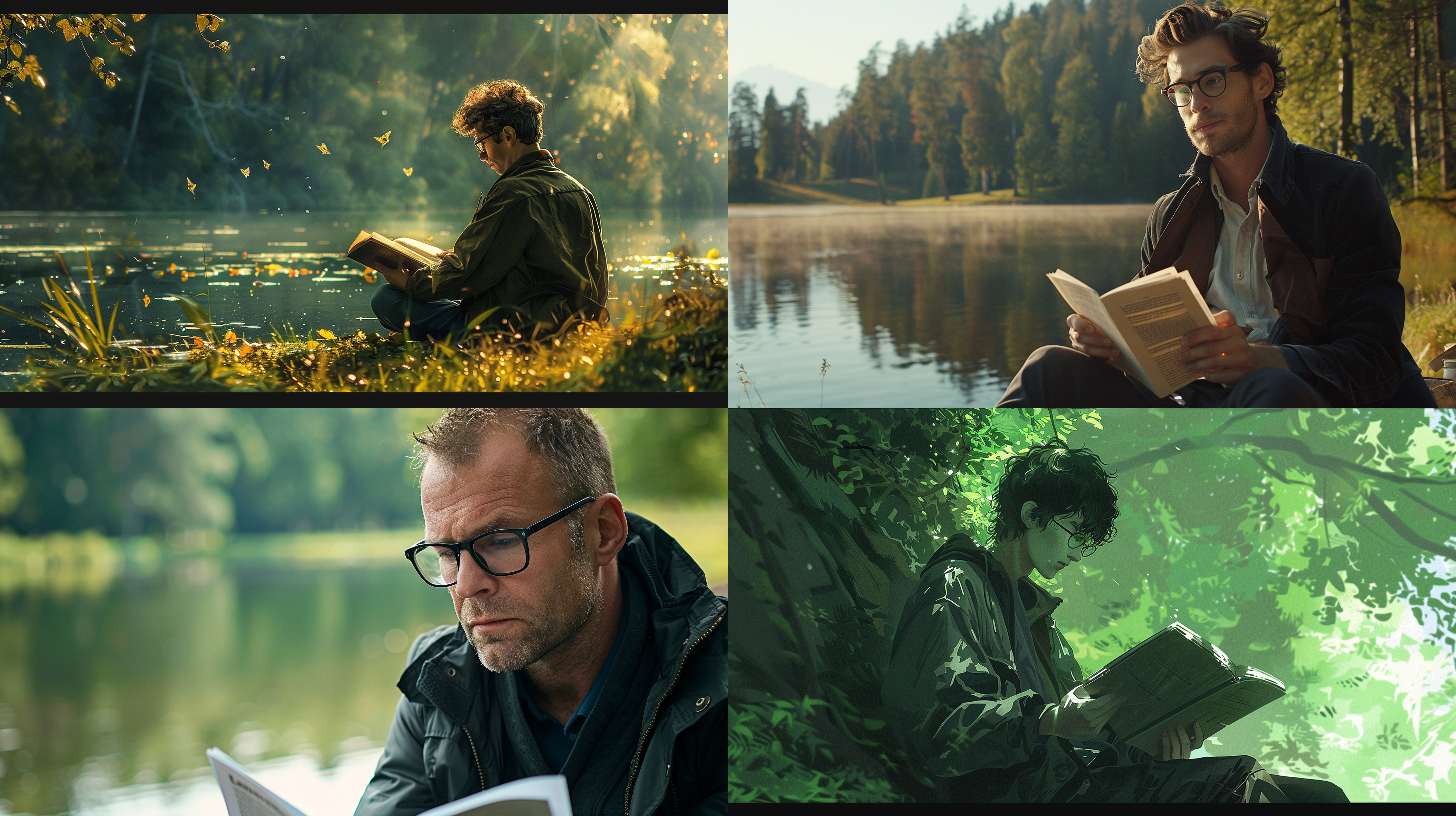 prompt. 男子读书，公园景色，湖泊远景，绿色树林，夹克装，35岁，眼镜，短发，坐姿，暖阳光，和谐色调，中焦镜头，静态，沉思。
