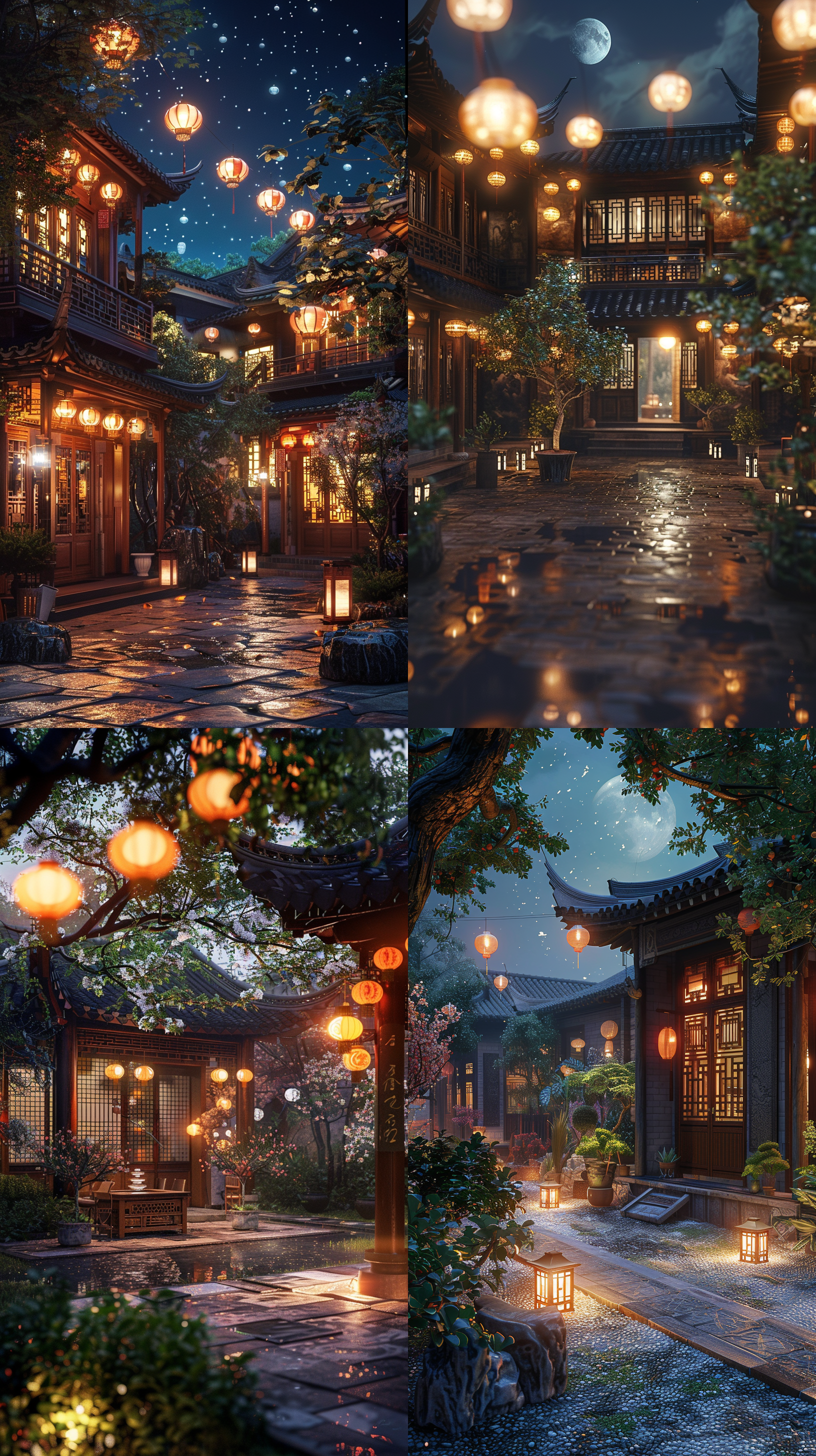 prompt. 中式庭院夜晚，灯笼点缀，真实场景布置，大片即视感，庭院一角视角，超完美细节把控，超清晰外观设计，超高清画质，蒙太奇，数字渲染，c4d, 3d, 玄幻引擎，苹果壁纸，32k。