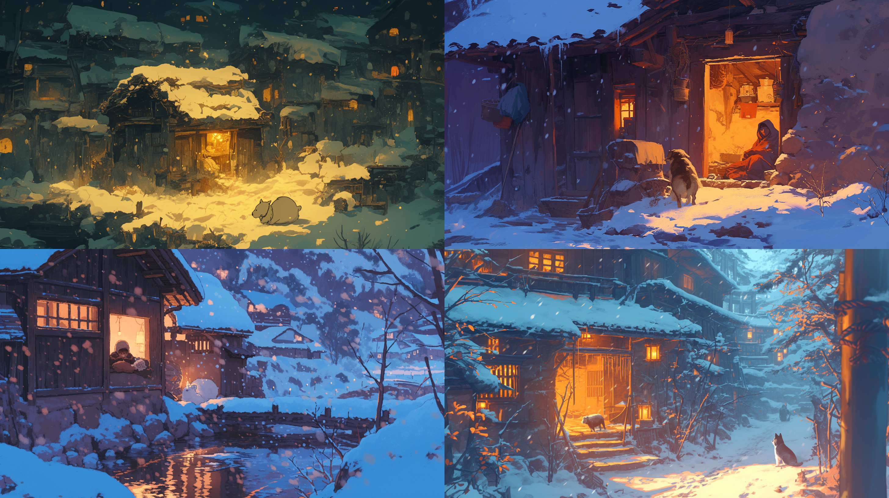 陇东，下雪的冬日傍晚，沟边的窑洞窗户上透出昏黄的煤油灯光，沟里银装素裹，飘落着雪花，院子里的小狗蜷缩在狗窝里