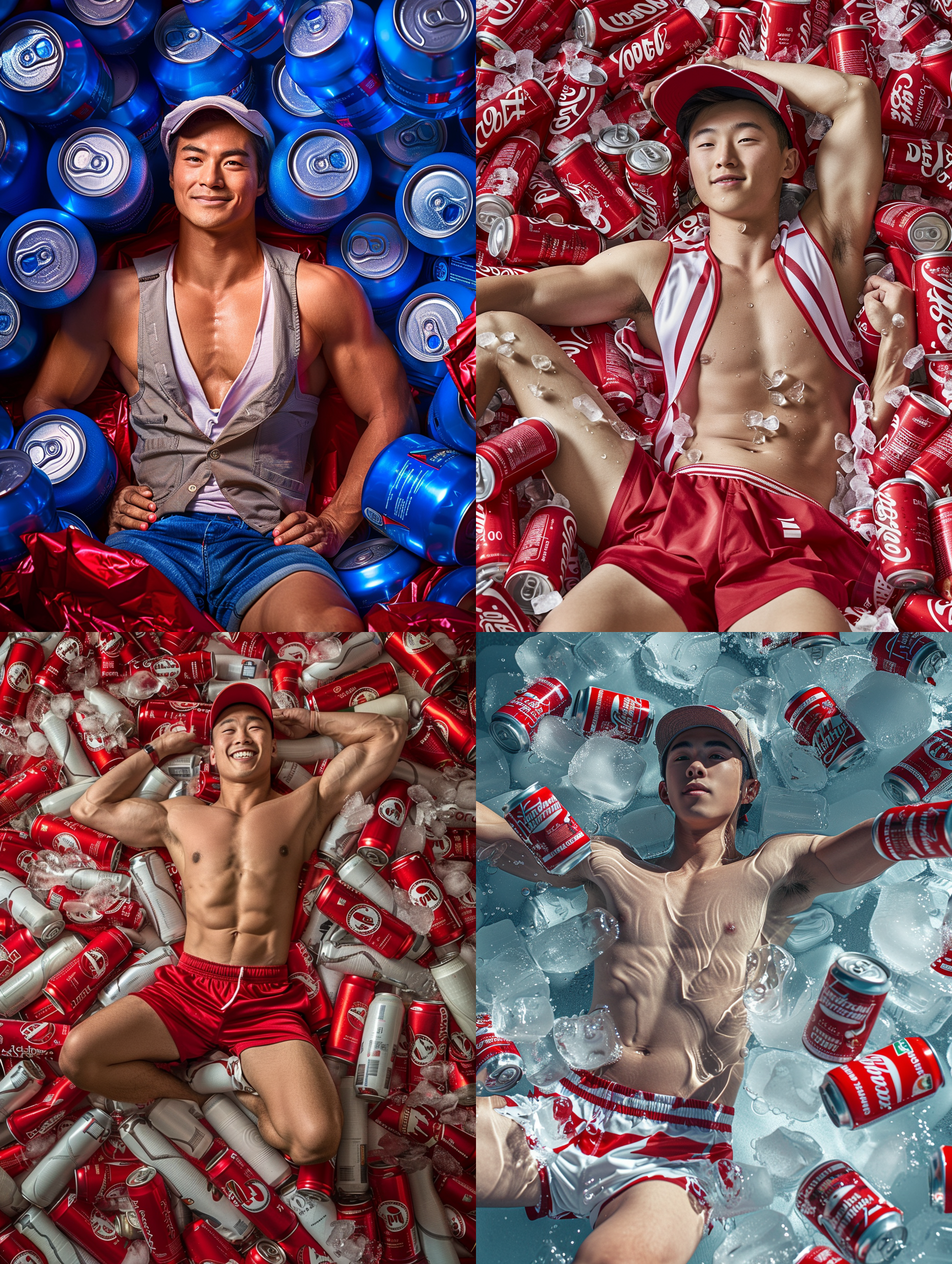 英俊的亚洲男人，躺在许多冰可乐罐里，贴身的棉背心，运动短裤，鸭舌帽，分开双腿，肌肉，微笑，超现实主义，极致细节,真实摄影风格,鲜艳色调,节日氛围。