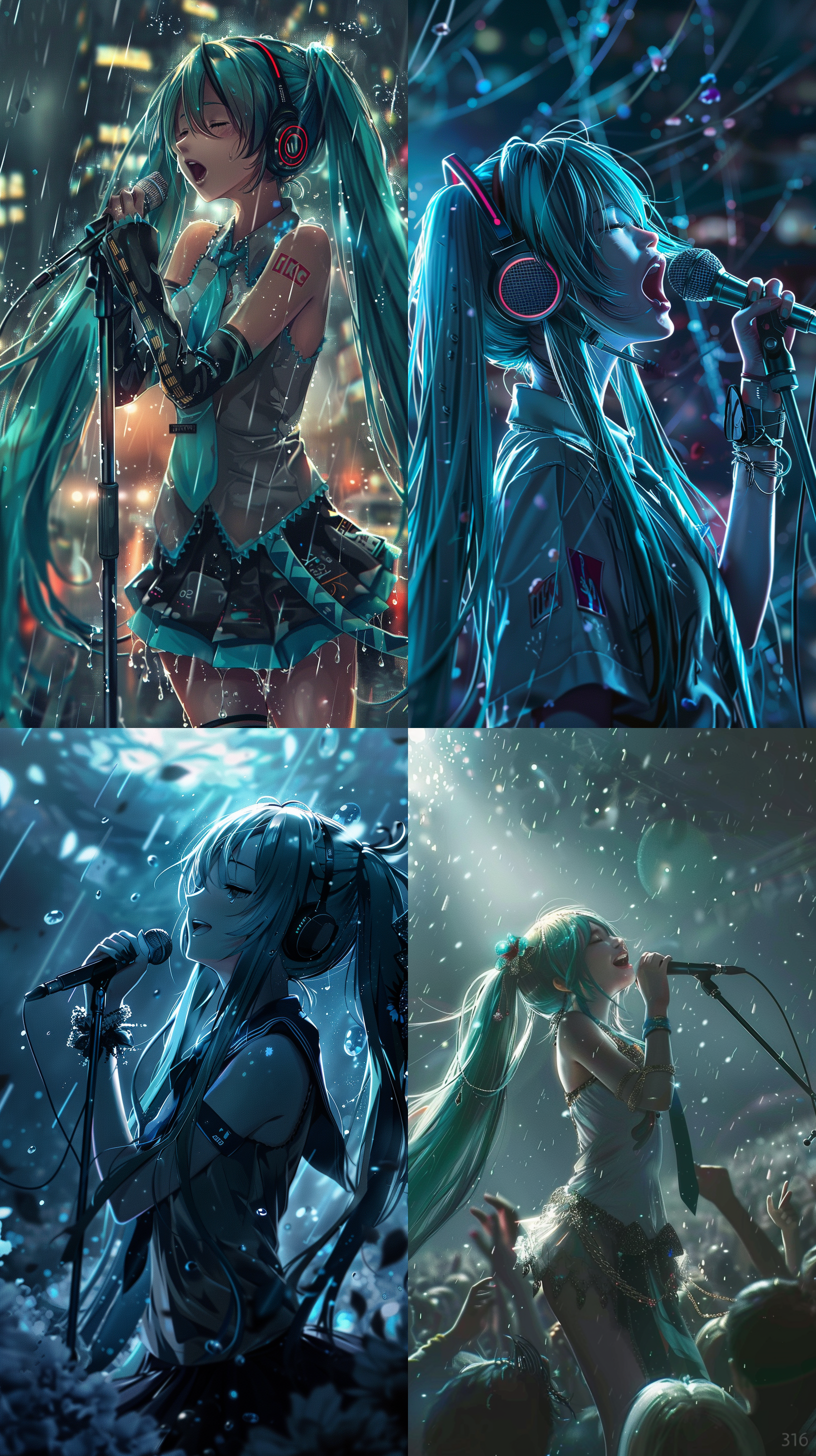 二次元风格，初音未来，握着麦克风热气的歌唱的动作，超完美细节把控，超清晰外观设计，超高清画质，数字渲染，梦幻引擎，梦幻背景，视频拍摄，电影镜头，苹果壁纸，32k