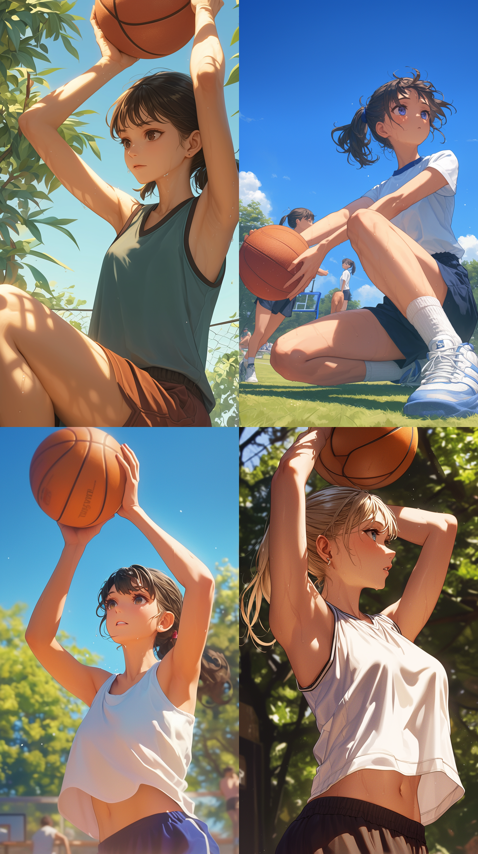 女生篮球, 户外拍摄, 大自然背景, 柔和光线, 静态姿势, 清晰焦点, 远景构图, 全身特写, 伸展, 灵活, 平衡, 放松, 和谐.