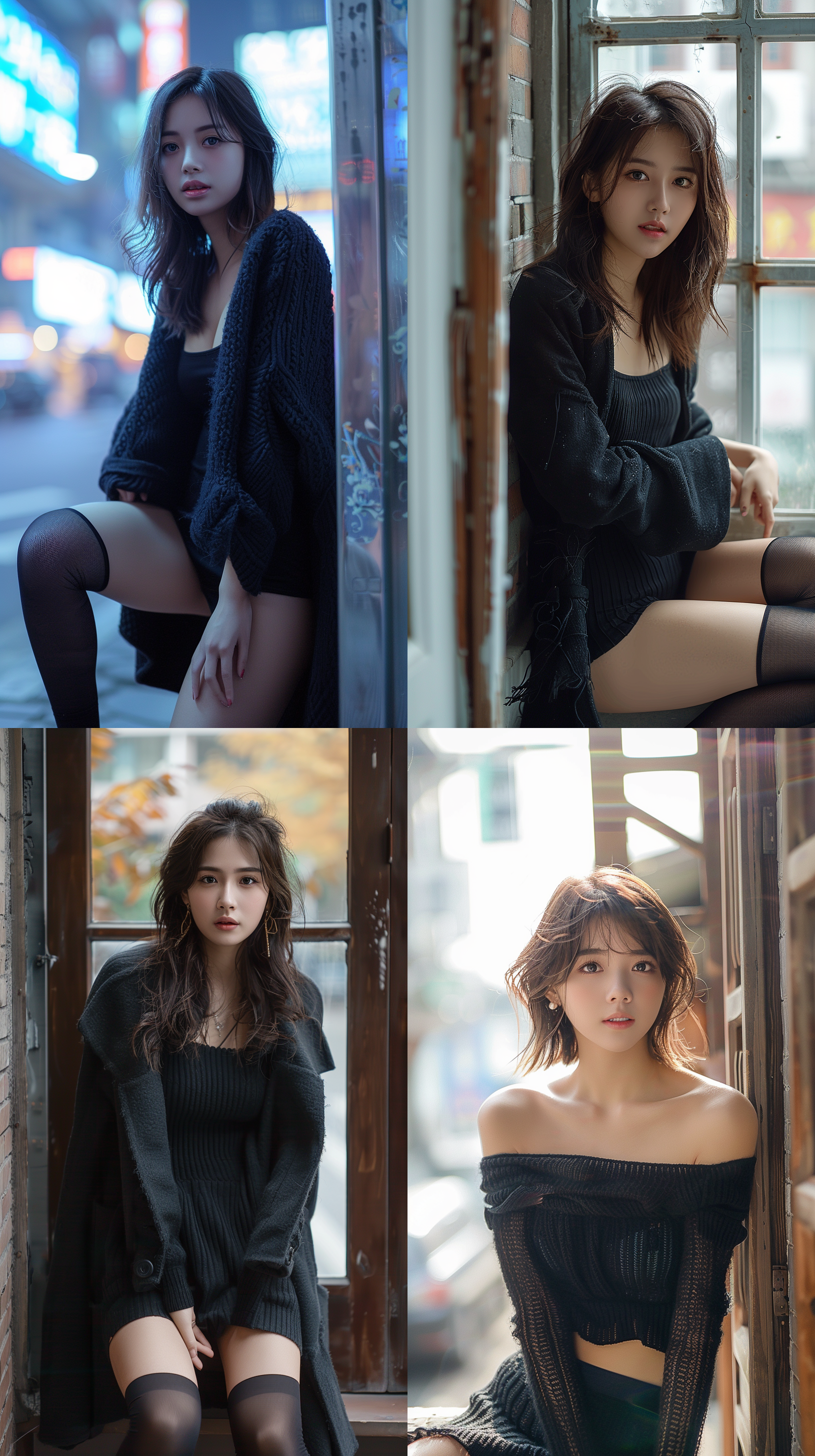 prompt. 中国女孩，杨超越，西方美女的身材，黑丝袜，短裙，透视外套，流行风格，柔和光线，优雅微笑，现代都市，自然肖像，街拍，高清晰度，大光圈，垂直构图，迷人，全身，下午，电影照明，超现实，梦幻色调，变换姿势，精致的五官，微笑，弯腰，蹲，杰作，真实质感.