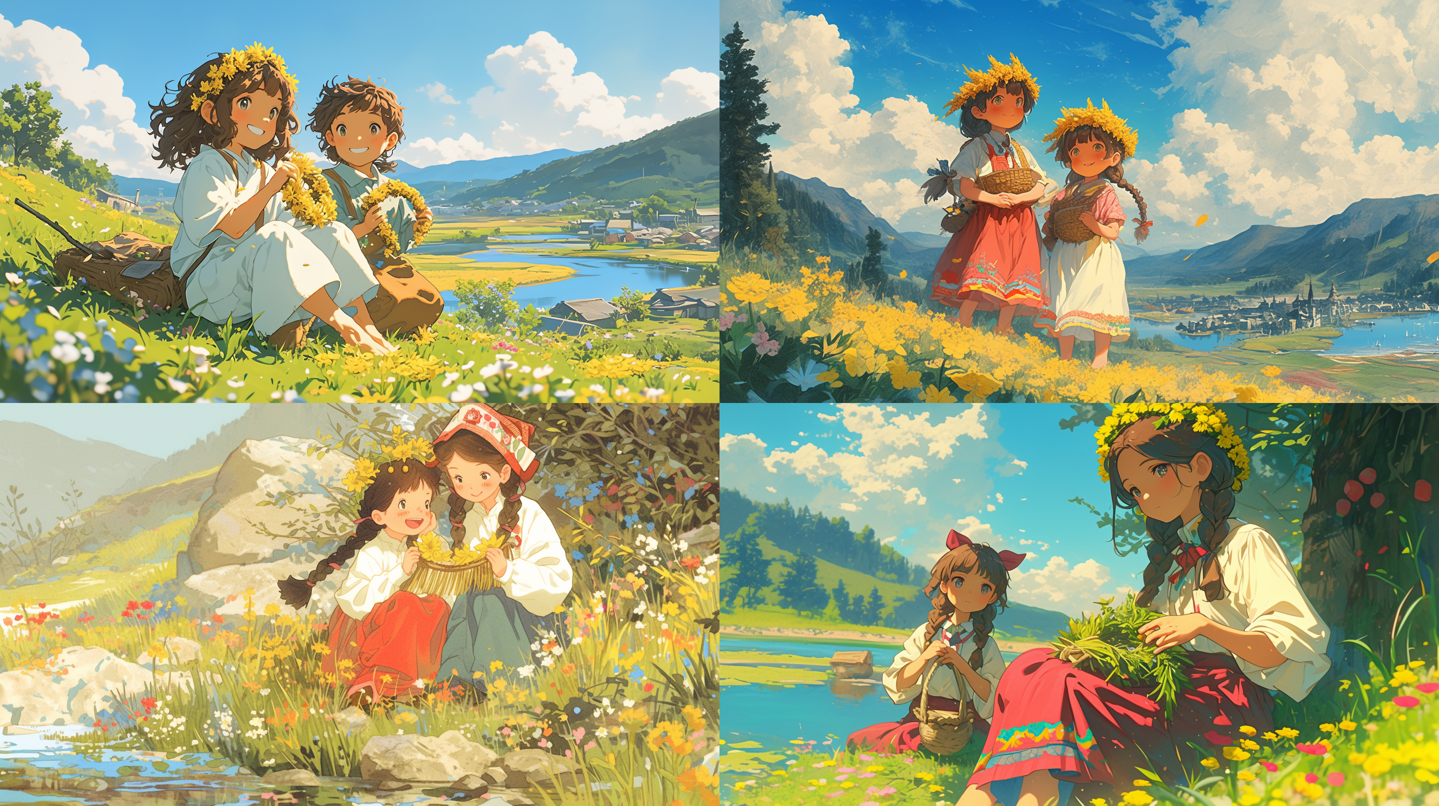 两个小女孩，可爱，其中一个女孩正在用黄色的野菊花编花环，另一个戴着花环，她们在河边的山坡上，宫崎骏风格