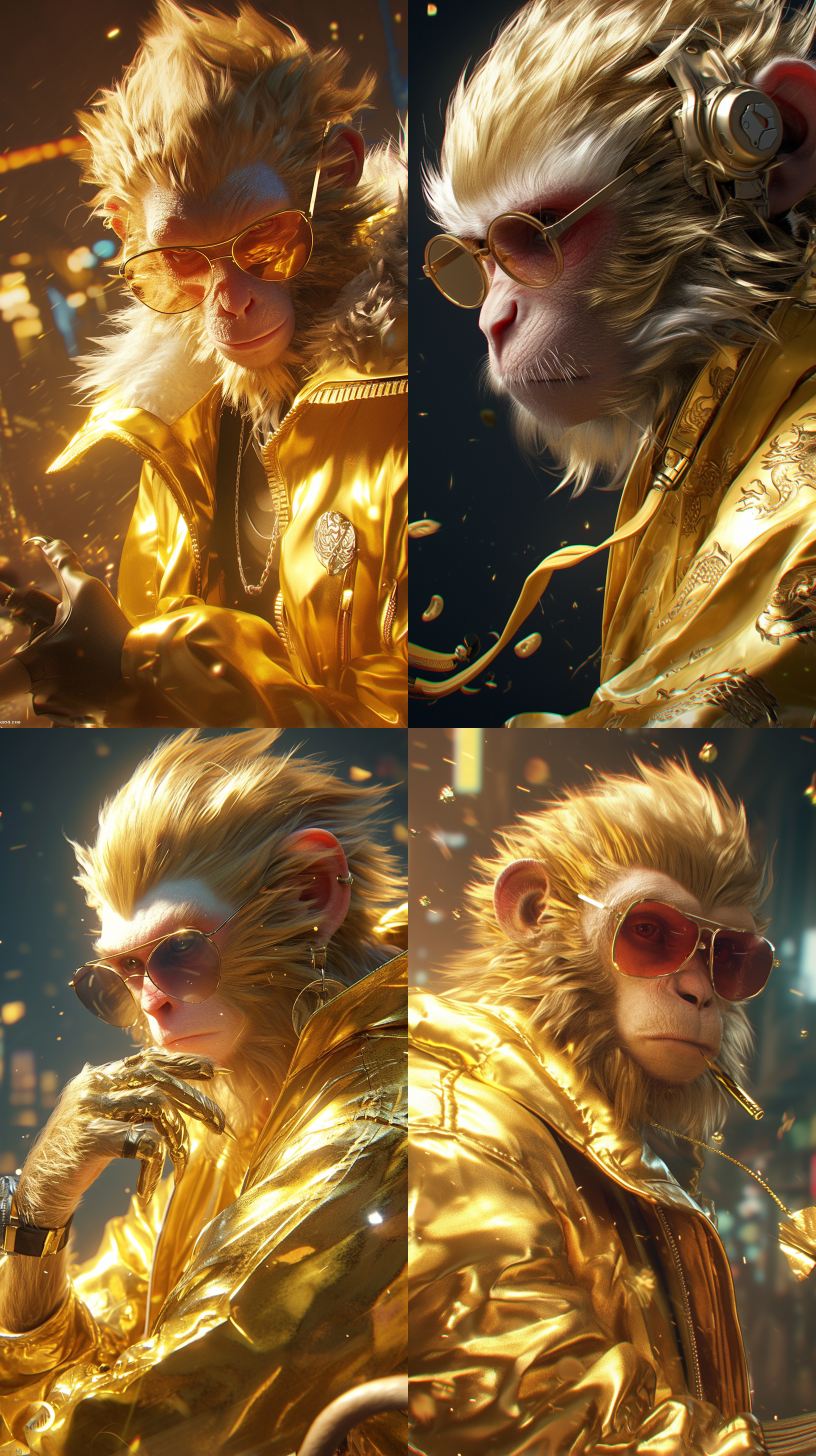 金丝猴拟人，毛发逼真自然，时尚酷炫，街景，数字渲染，梦幻引擎，ip形象设计，超清晰外观设计，超完美细节把控，超高清画质，超精细动作，3d，c4d，莱卡镜头，苹果壁纸，32k全景摄影。