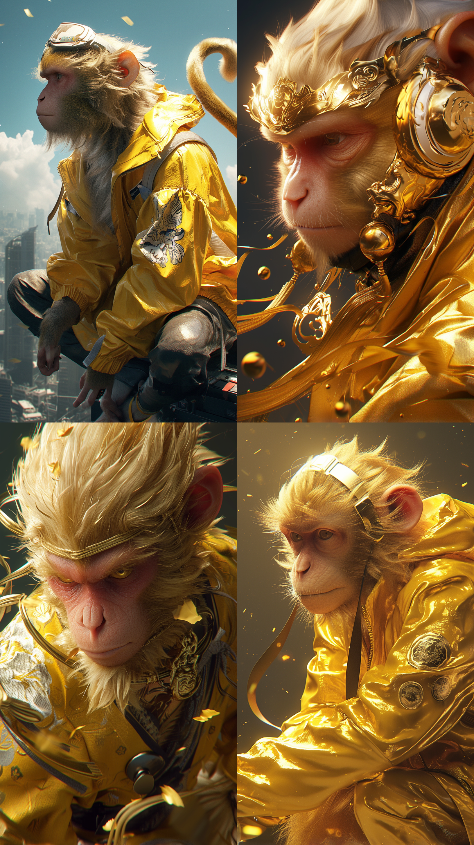 金丝猴拟人，毛发逼真自然，时尚酷炫，街景，数字渲染，梦幻引擎，ip形象设计，超清晰外观设计，超完美细节把控，超高清画质，超精细动作，3d，c4d，莱卡镜头，苹果壁纸，32k全景摄影。