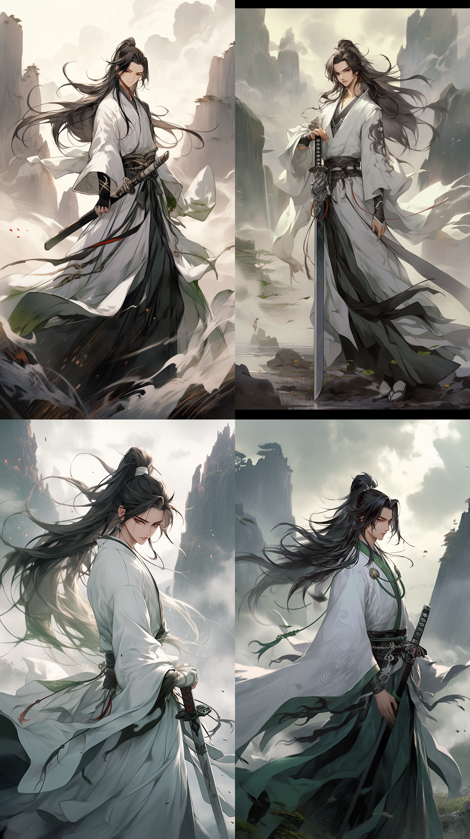 中国风长发帅哥，全身像，黑色眼睛，白色衣服，双手握着剑柄插在地上，传统服饰，君子如玉。远山青翠，云雾缭绕，朦胧效果，暖色调，柔和光线，自然动作，自信微笑，阳光透过树叶洒下，唤起喜悦与豪情